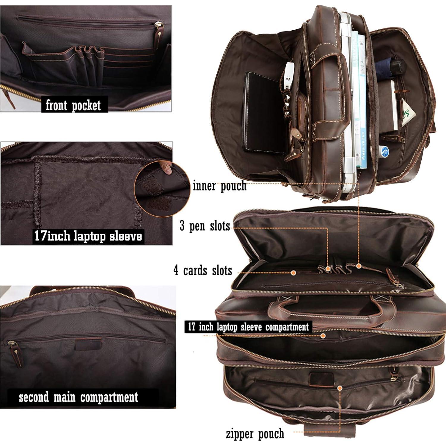 Vintage Full Grain Leather Briefcase for Men Fits 17" Laptop Business Travel Messenger Crossbody Shoulder Bags