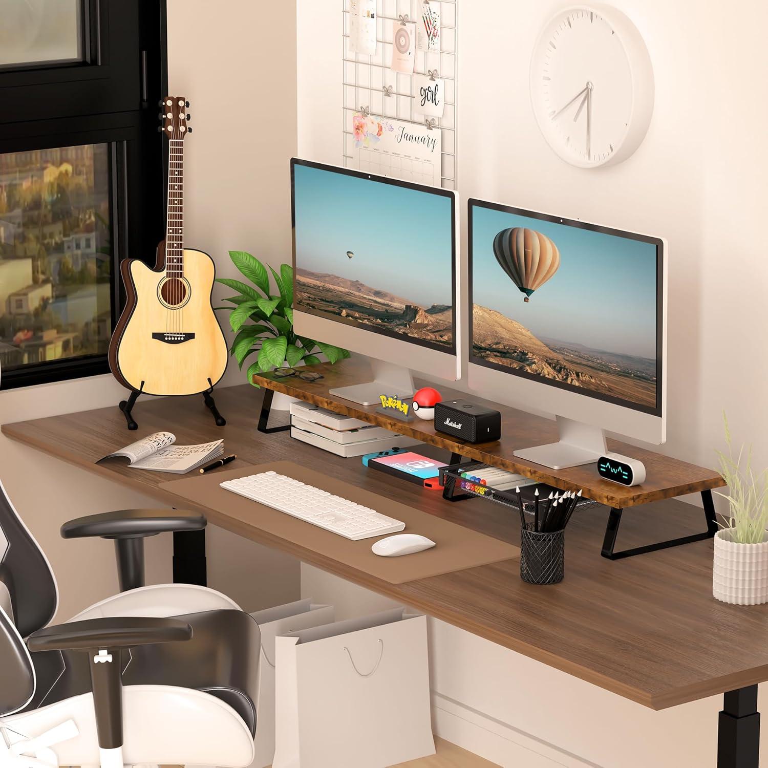 Soporte Doble para Monitor Aothia Vintage con Cajón 109x24cm