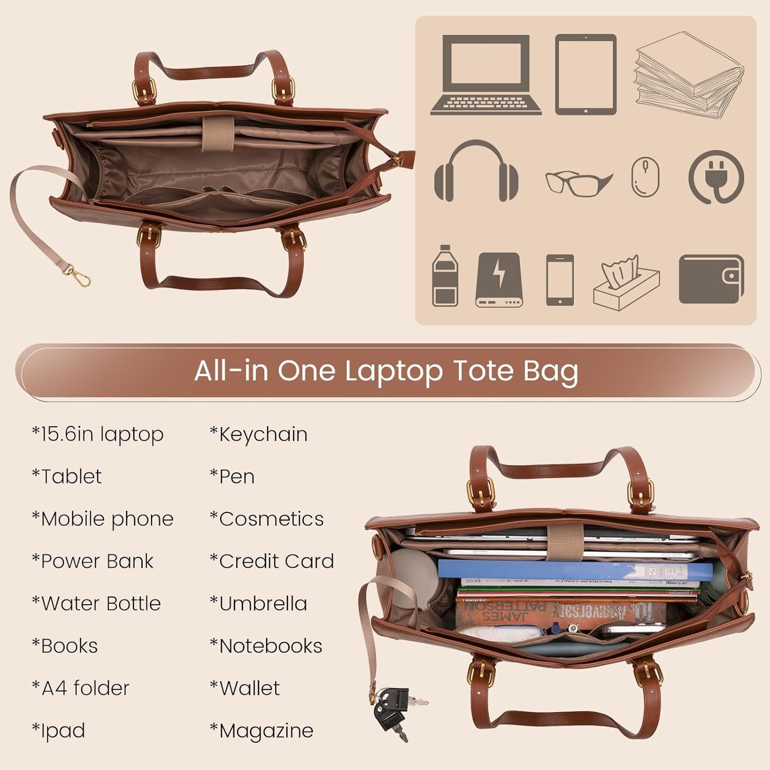 Bolsa Tote para Portátil LOVEVOOK 17.3" Mujer Cuero Impermeable