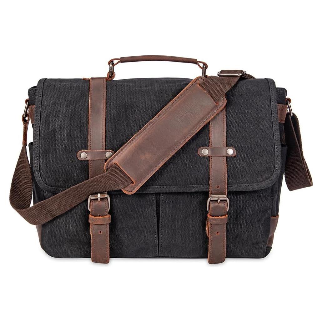 Maletín Vintage de Cuero y Lona 15.6" Negro - Bandolera