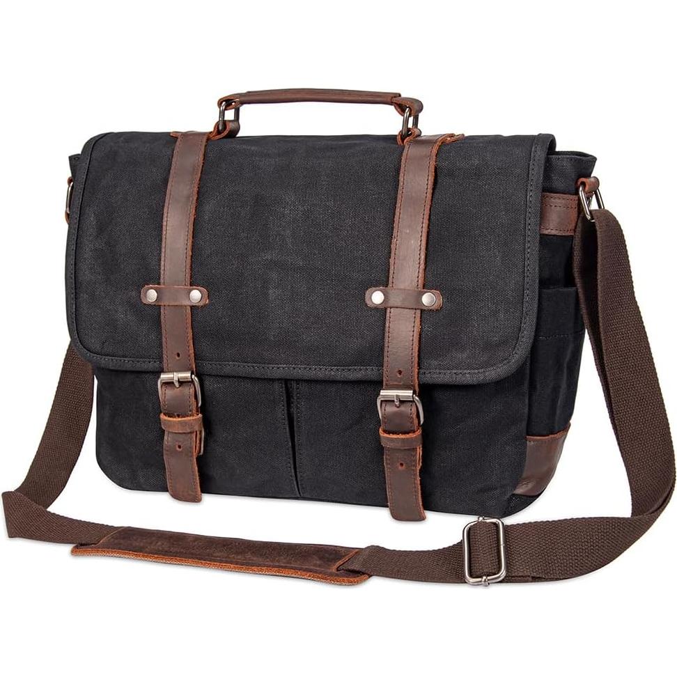 Maletín Vintage de Cuero y Lona 15.6" Negro - Bandolera