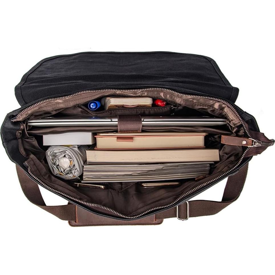 Maletín Vintage de Cuero y Lona 15.6" Negro - Bandolera