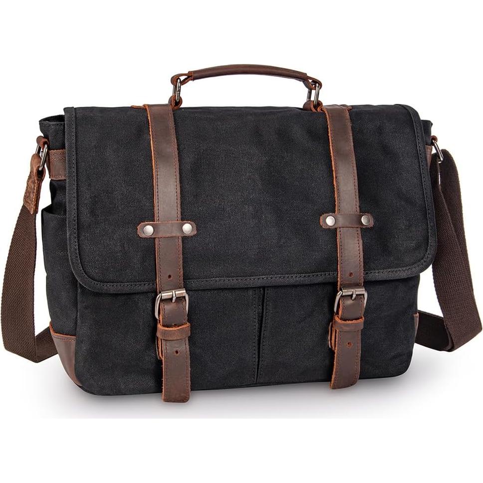 Maletín Vintage de Cuero y Lona 15.6" Negro - Bandolera