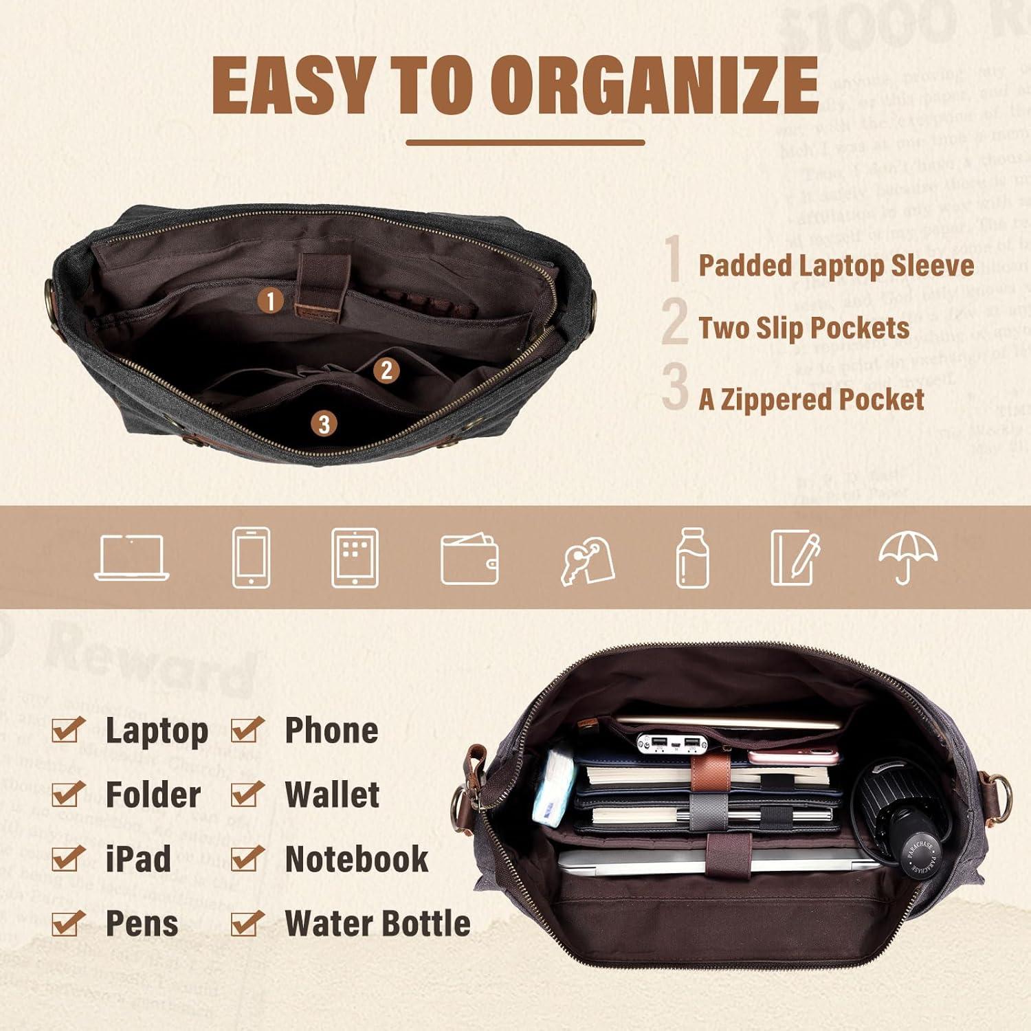 Bolsa Mensajera Vaschy de Cuero y Lona para Laptop 14-17"