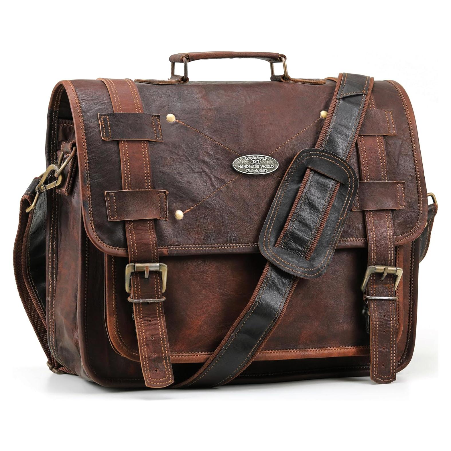 Bolsa Mensajera de Cuero Vintage Handmade World 44.5x12.7x33cm