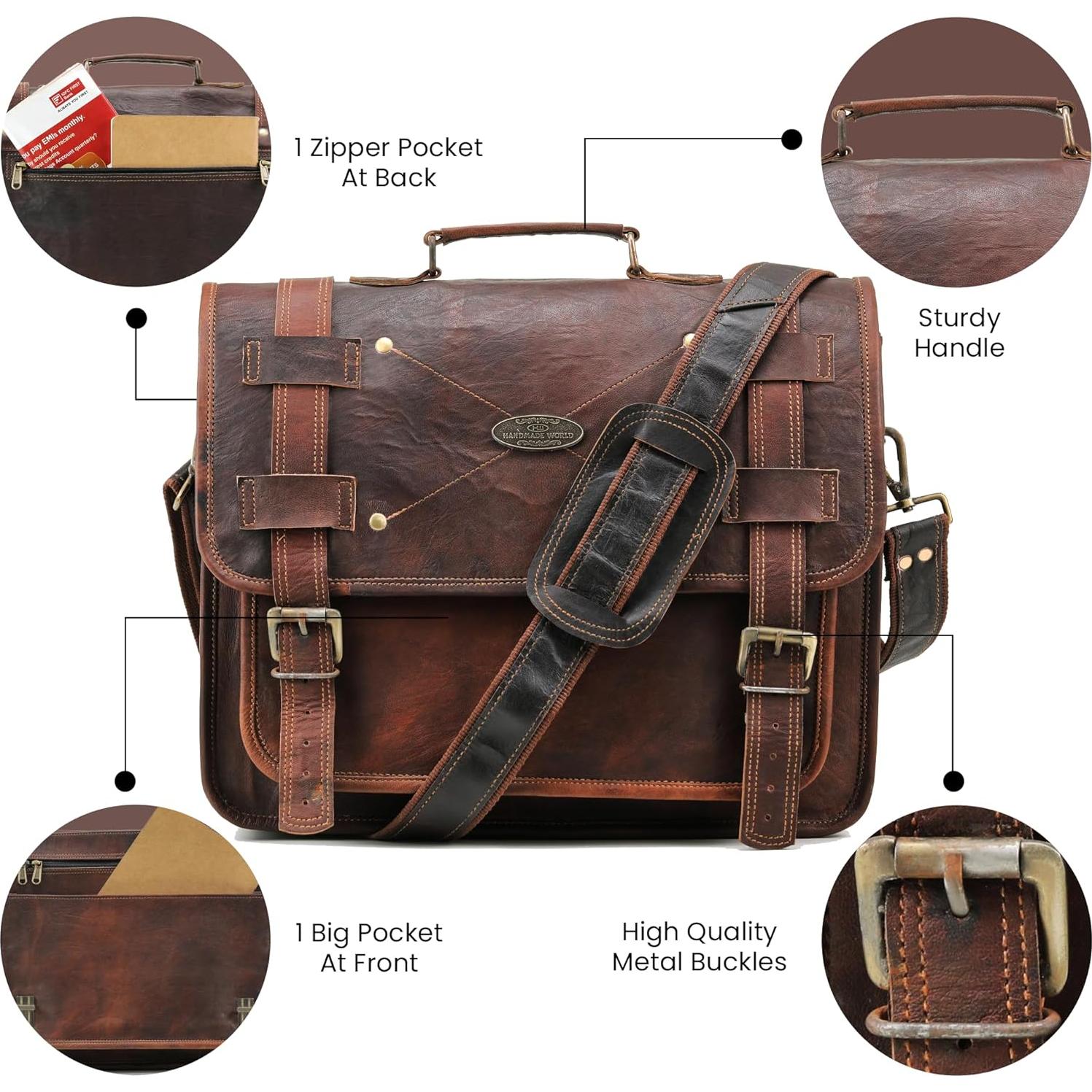 Bolsa Mensajera de Cuero Vintage Handmade World 44.5x12.7x33cm