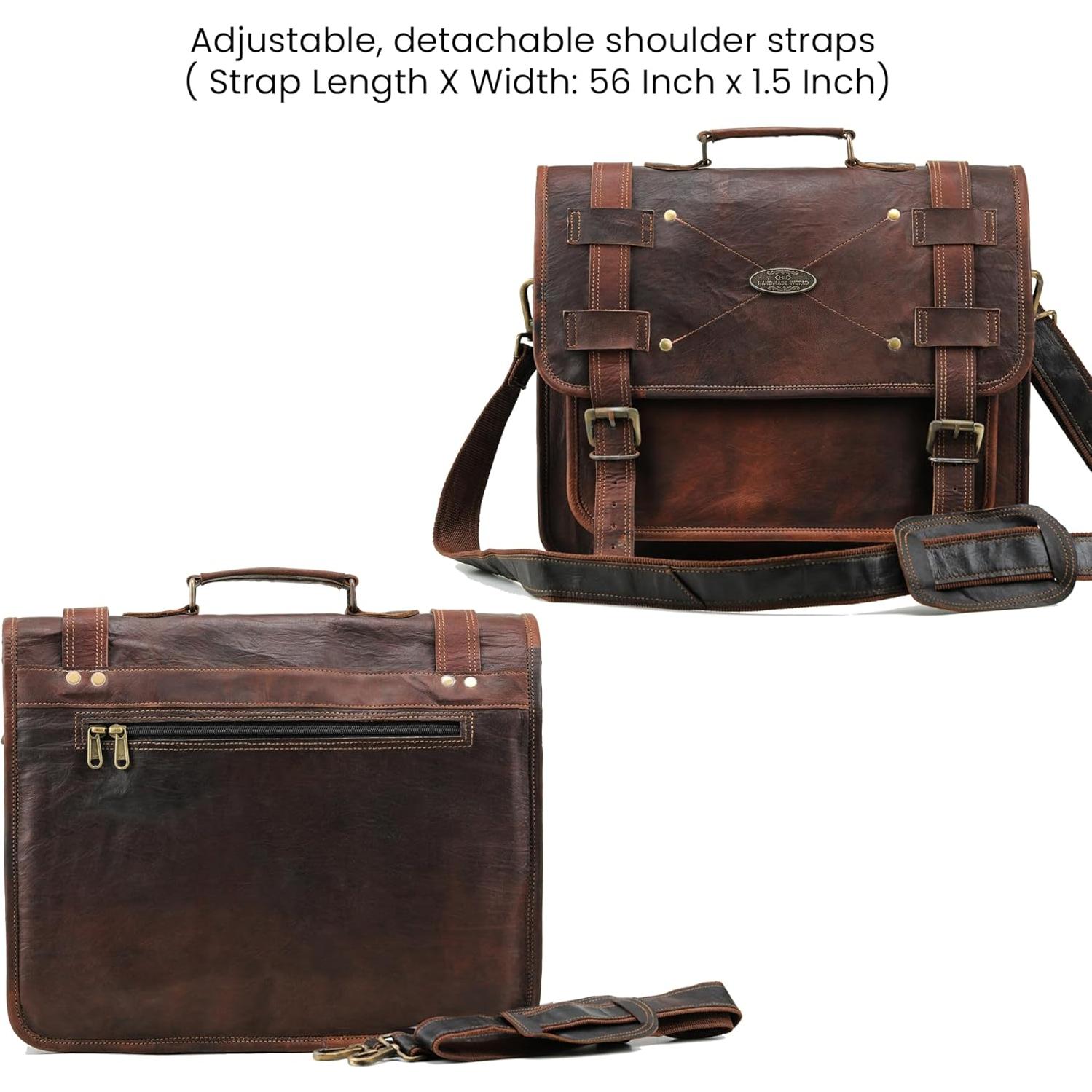 Bolsa Mensajera de Cuero Vintage Handmade World 44.5x12.7x33cm