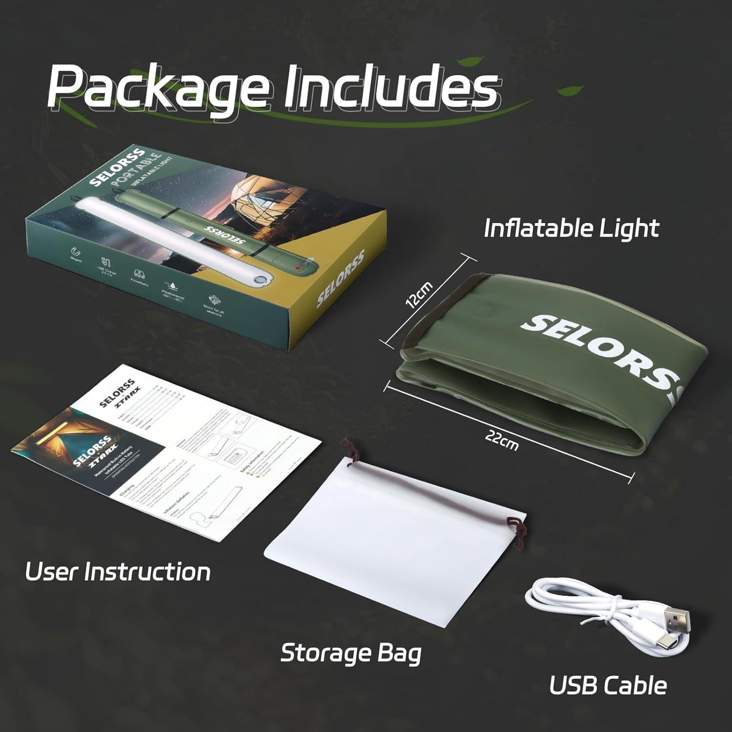 Luz Inflable de Camping SELORSS TubeB20 IP66 2000mAh Verde