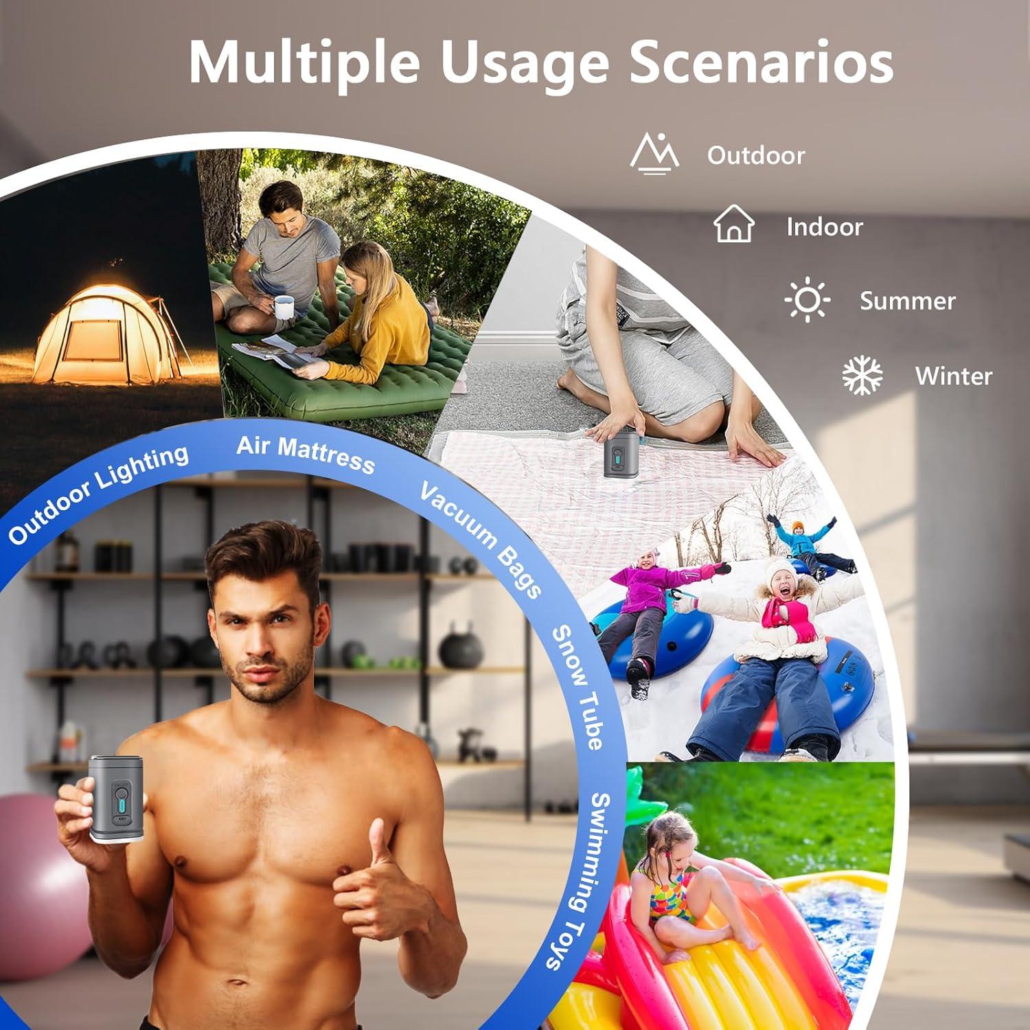 Portable Air Pump for Inflatables, ICEKATI Mini Electric Rechargeable Inflate Deflate Pump with Camping Light for Pool Floats, Swimming Rings, Air Mattress, Sleeping Pads, Vacuum Storage Bags