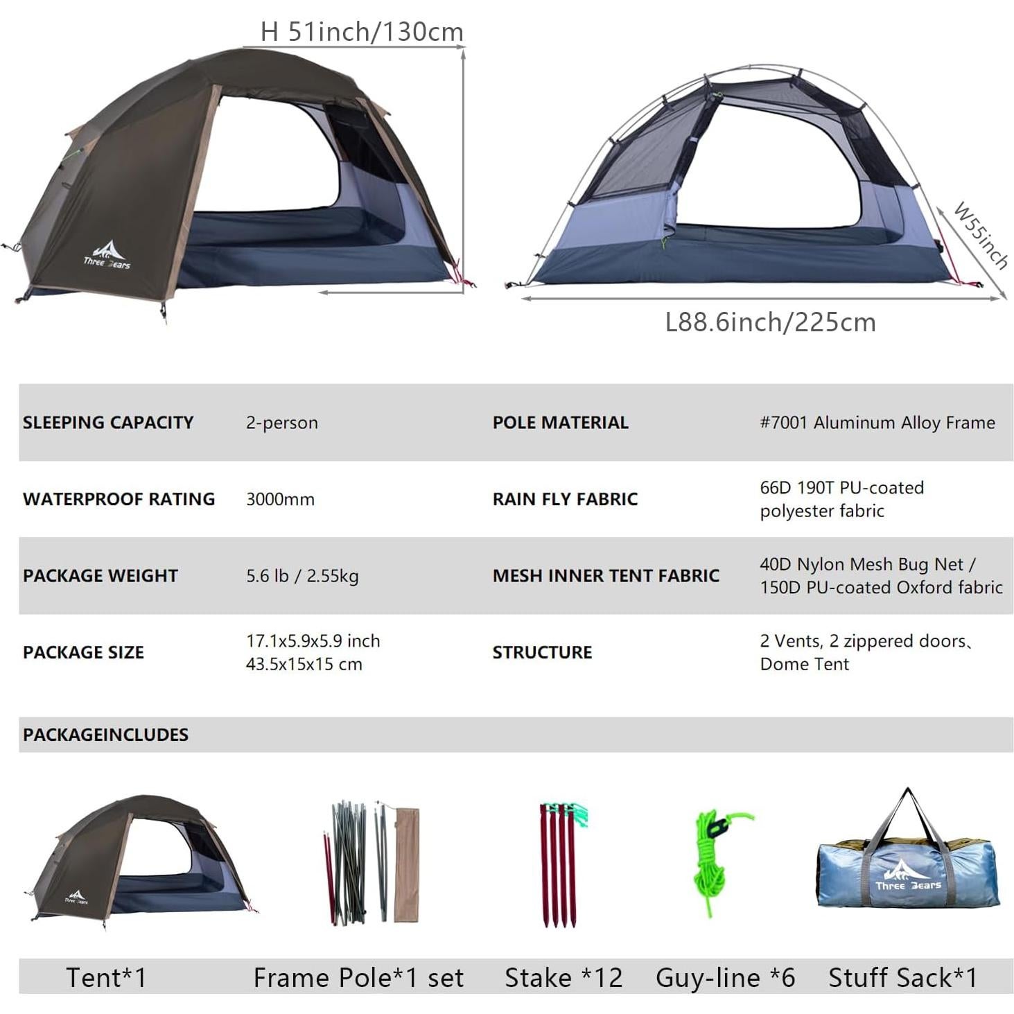 Carpa de Camping Tres Osos L01-2P para 2 Personas Impermeable