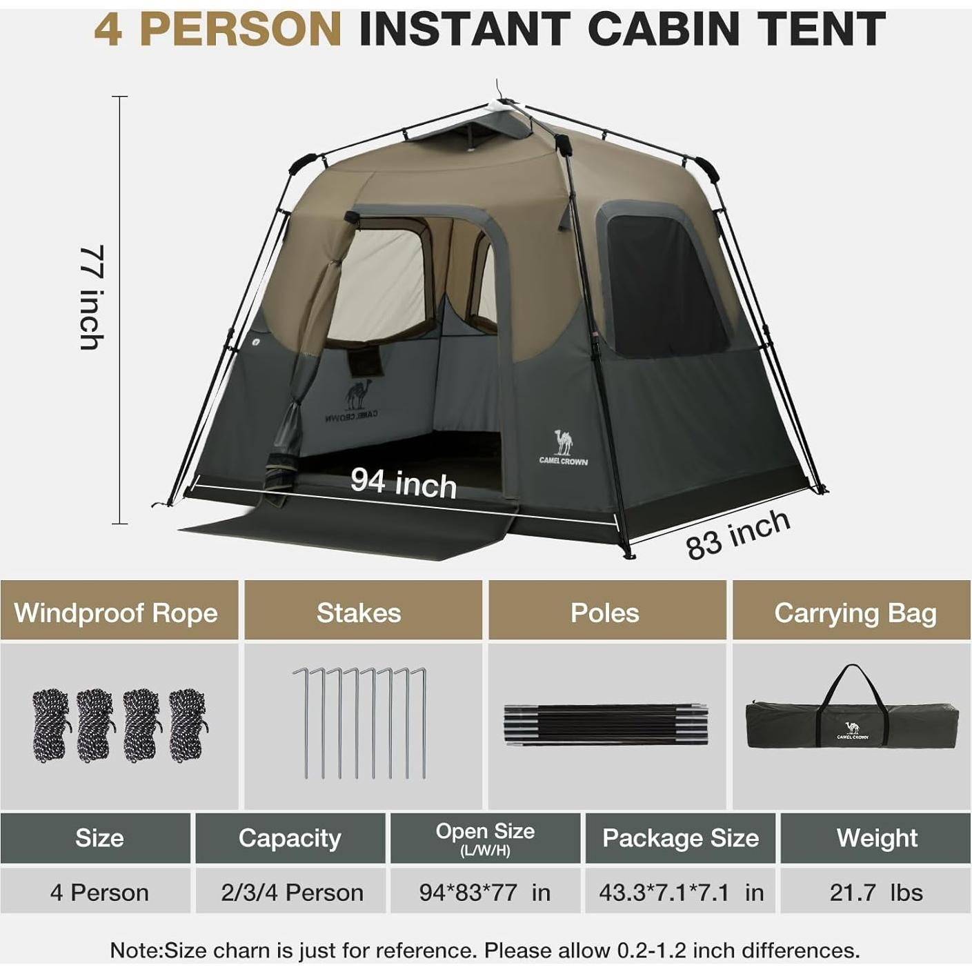 Tienda Instantánea CAMEL CROWN 4 Personas Impermeable Azul