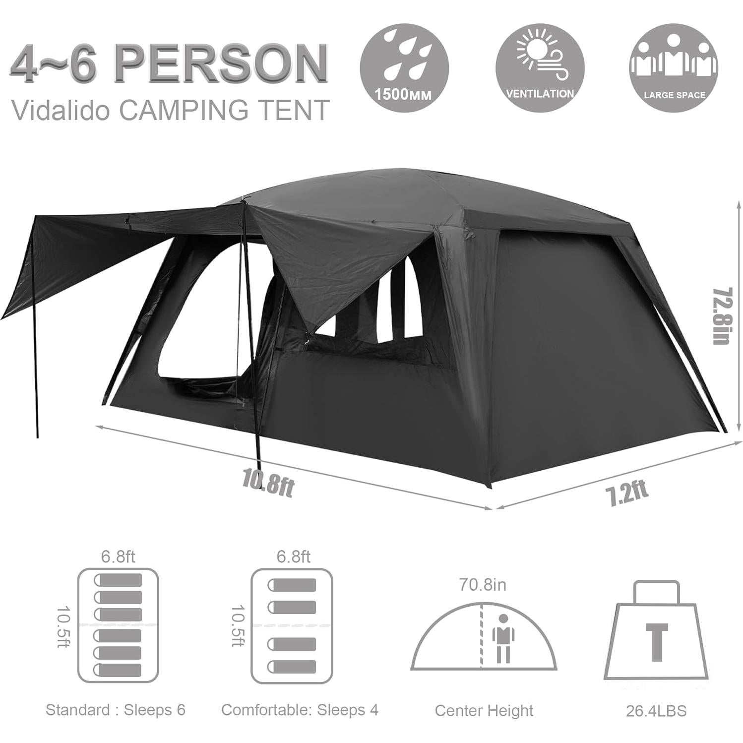 Carpa de Camping Vidalido para 4-6 Personas Doble Capa Impermeable