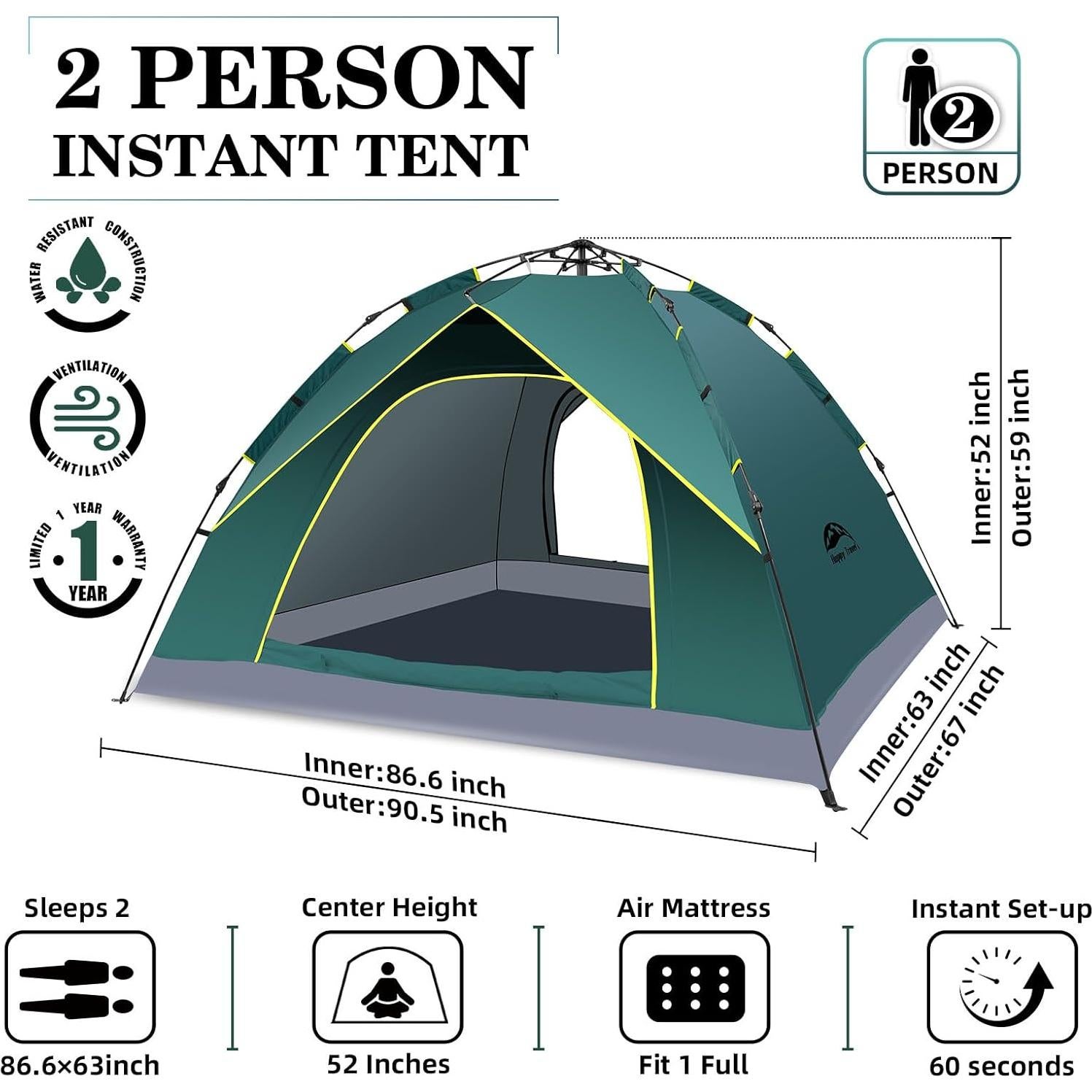 Carpa de Camping Happy Travel Pop Up 2 Personas Impermeable