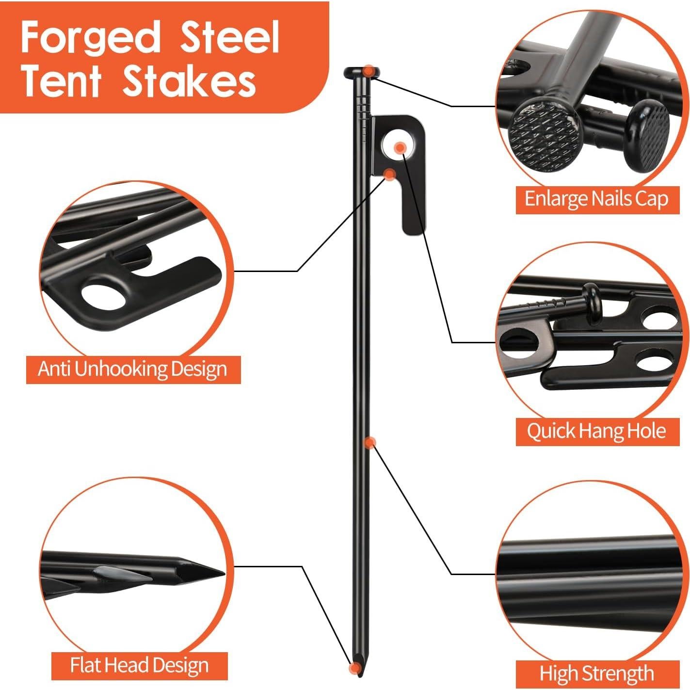 8/16/32 Pack 8in Heavy Duty Forged Steel Tent Stakes, with Storage Bag, for Camping