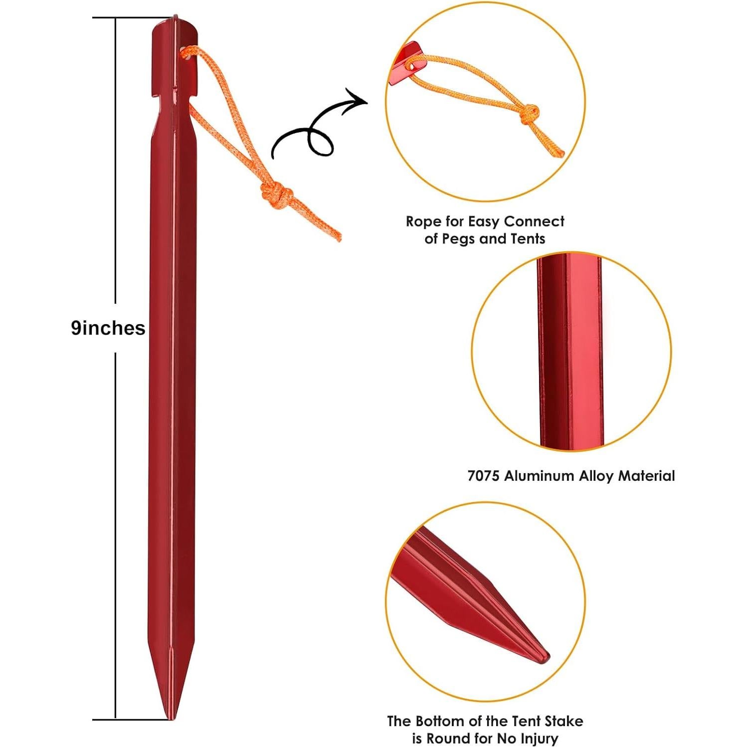Grassman Tent Stakes, 16 Pack 9in Heavy Duty Ground pegs with Reflective Pull Ropes, Leightweight-Durable-Safe Metal Backpacking Camping Spiles