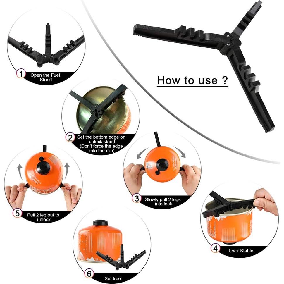 Folding Universal Fuel Can Canister Stand, Caudblor Tripod Stabilizer for Camping Stoves, Upgrade Compact Butane Gas Tank Bracket, Plastic Cylinder Cartridge Holder, Footrest for Outdoor Hiking Stove