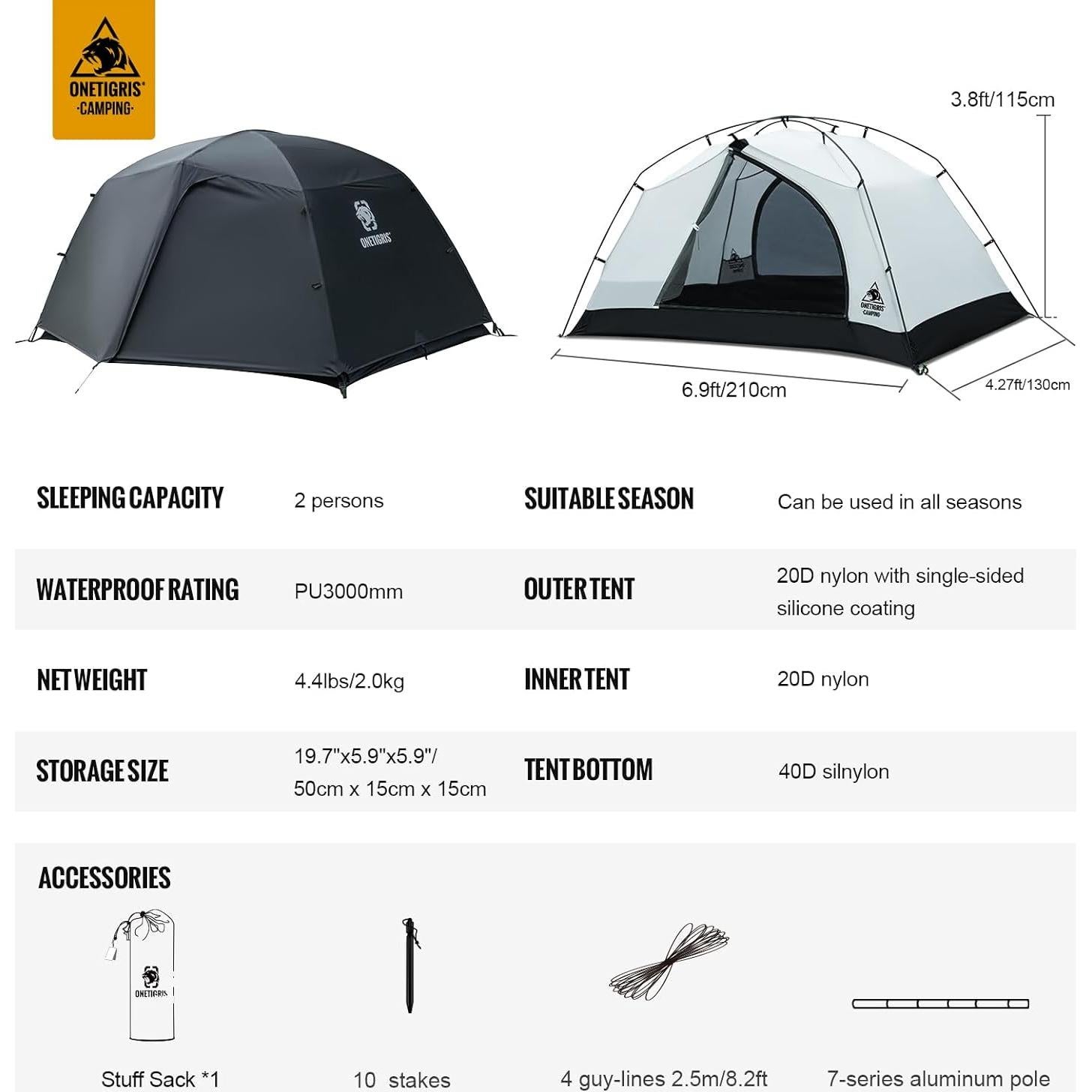 Carpa de Camping OneTigris Stella 4 Estaciones 2 Personas Impermeable