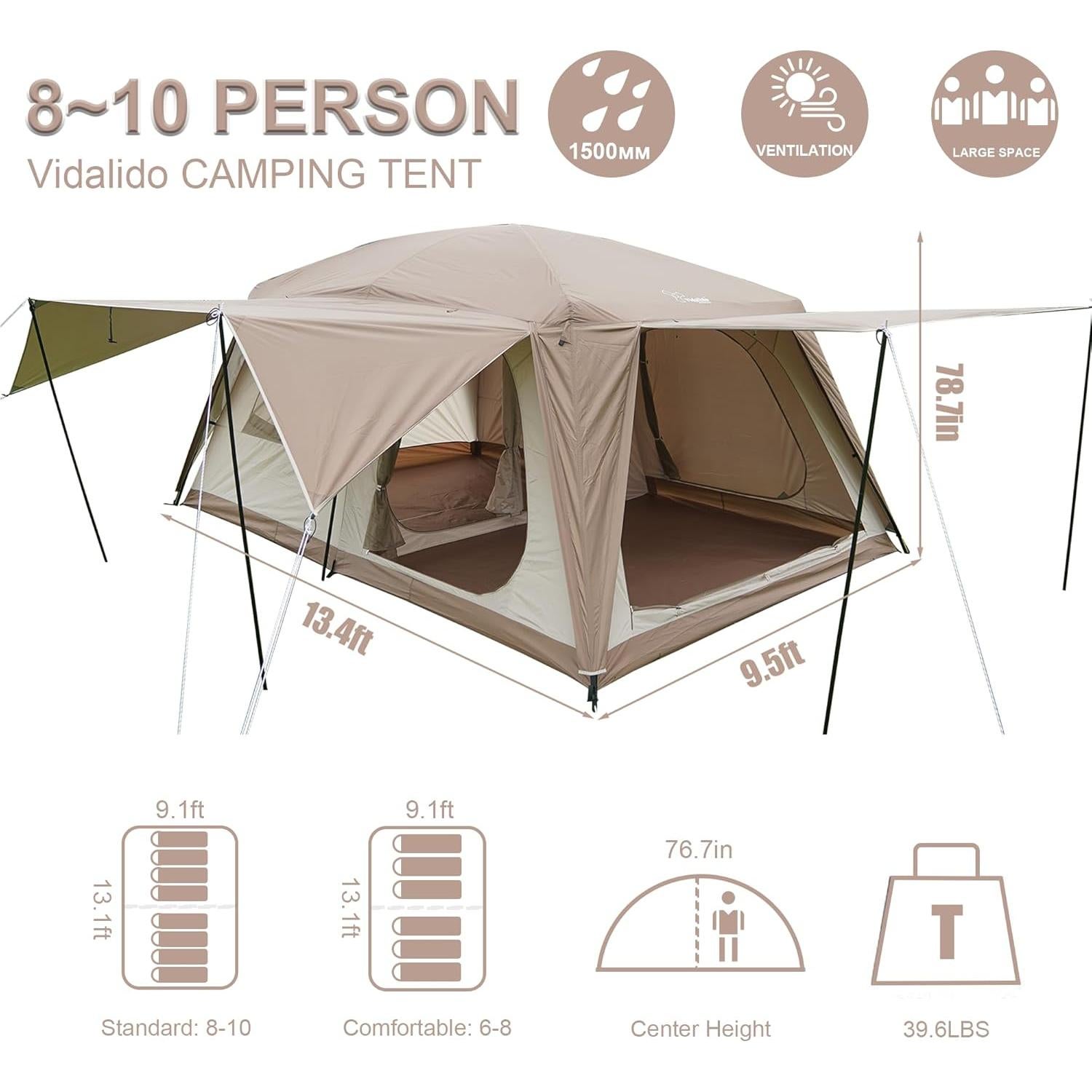 Carpa de Camping Vidalido para 8-10 Personas Impermeable