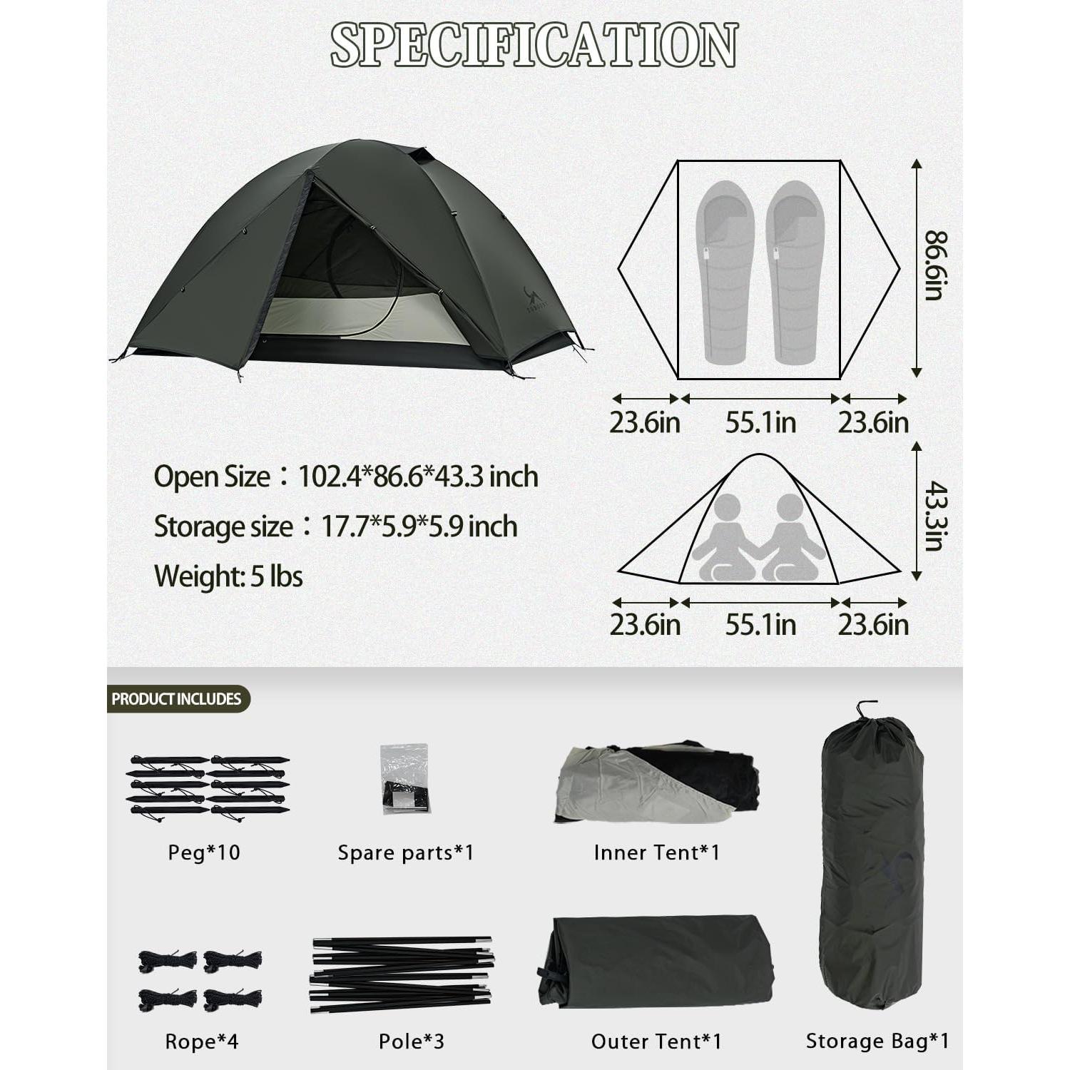 Tienda de Camping MC TOMOUNT 2 Personas Impermeable 1.5 kg