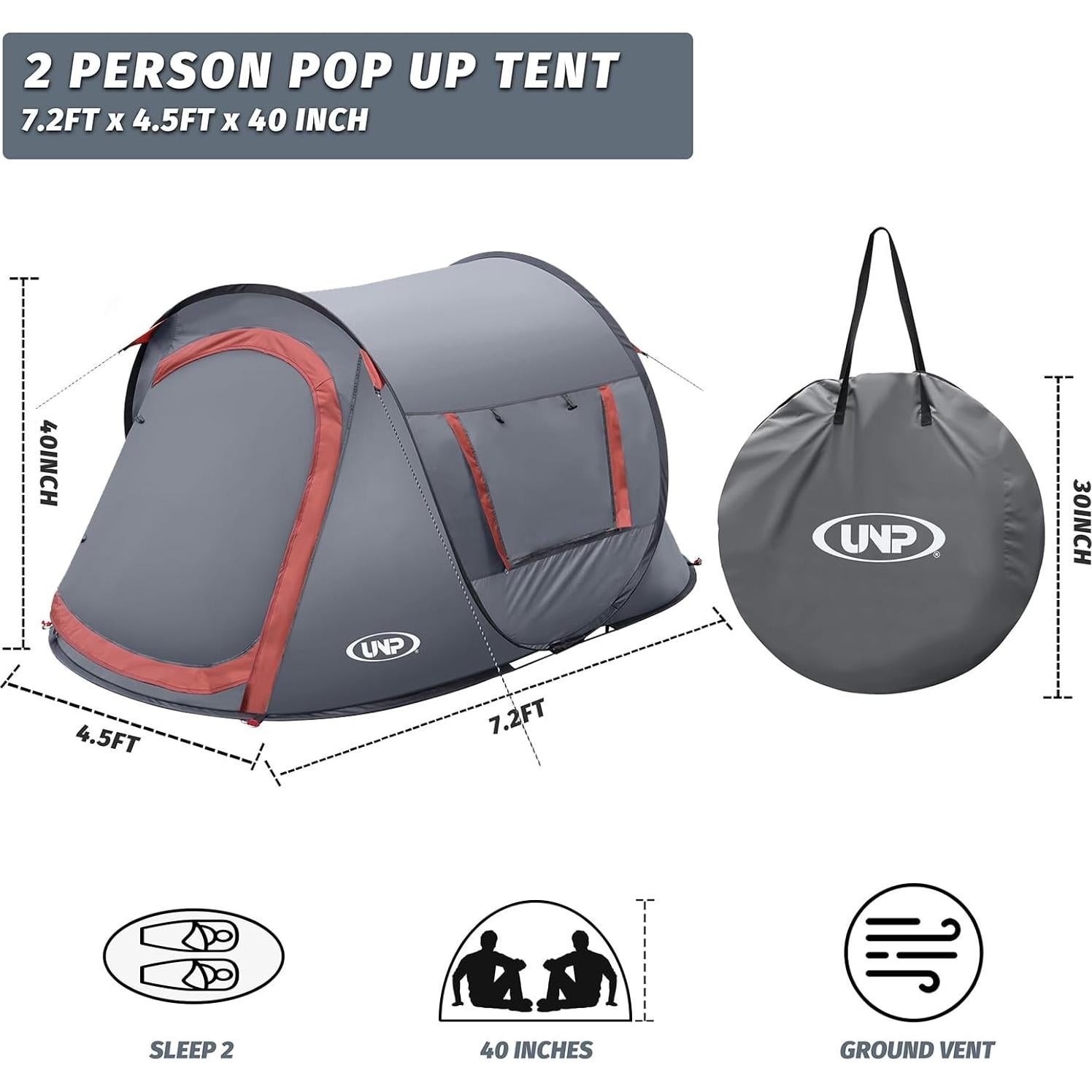 Tienda Pop-Up Unp para 2 Personas, Camping y Playa, Gris