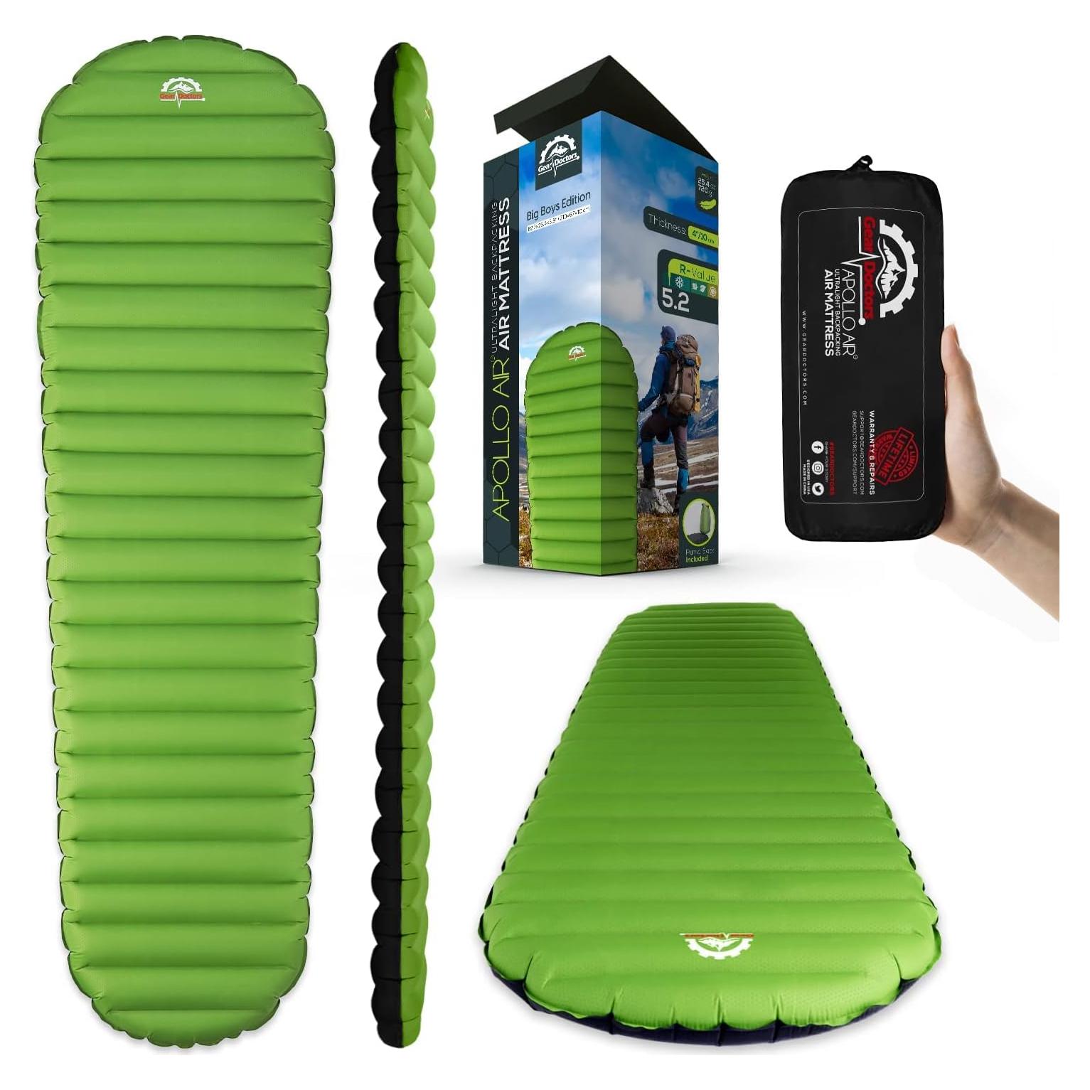 ApolloAir 5.2 R-Value [17oz] Ultralight Insulated Inflatable Camping Sleeping Pad — Backpacking Sleeping Pad — Camping Mattress Compact Lightweight for Hiking—Air Mattress for Backpacking