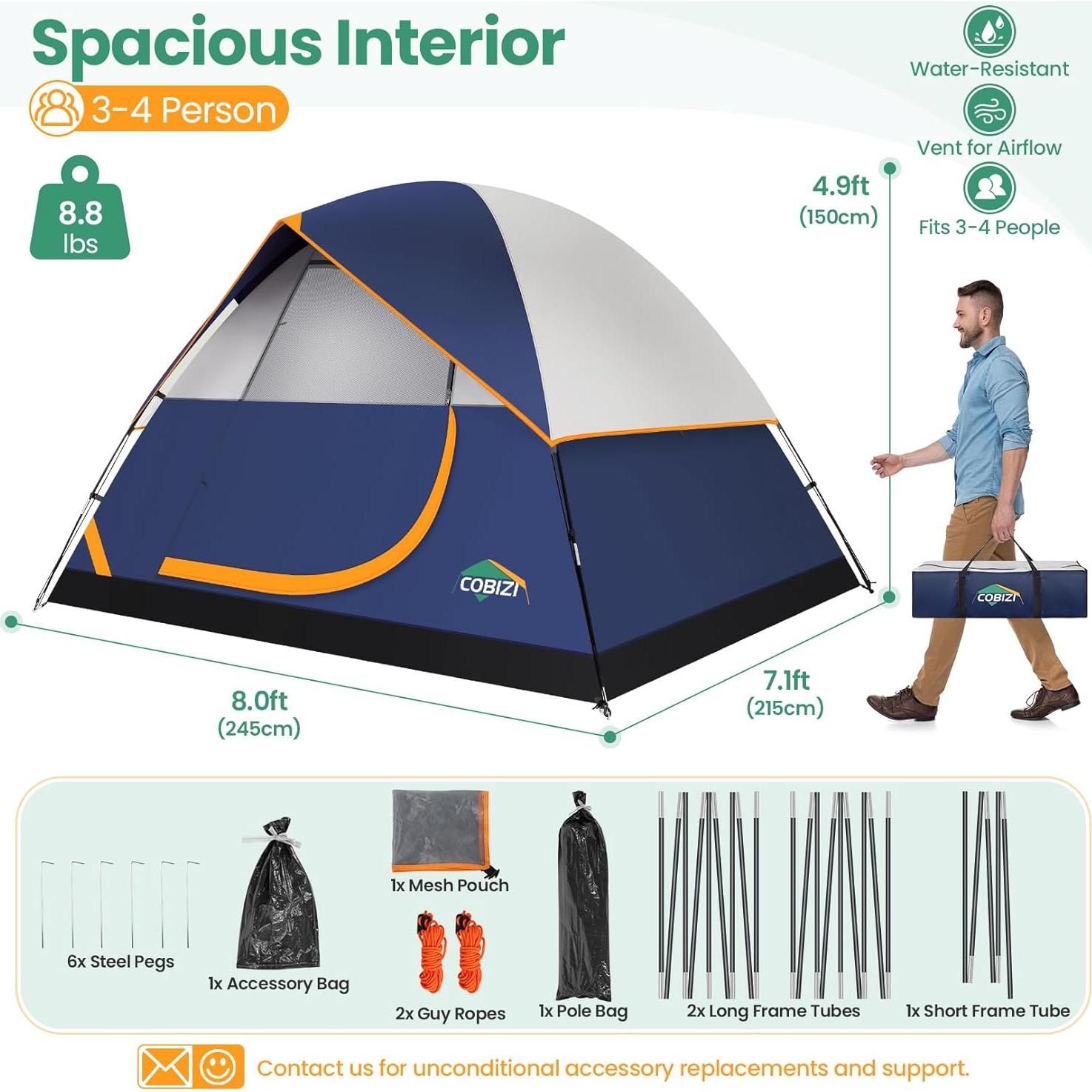 Tienda de Camping COBIZI para 6 Personas Impermeable 3.05x2.74m