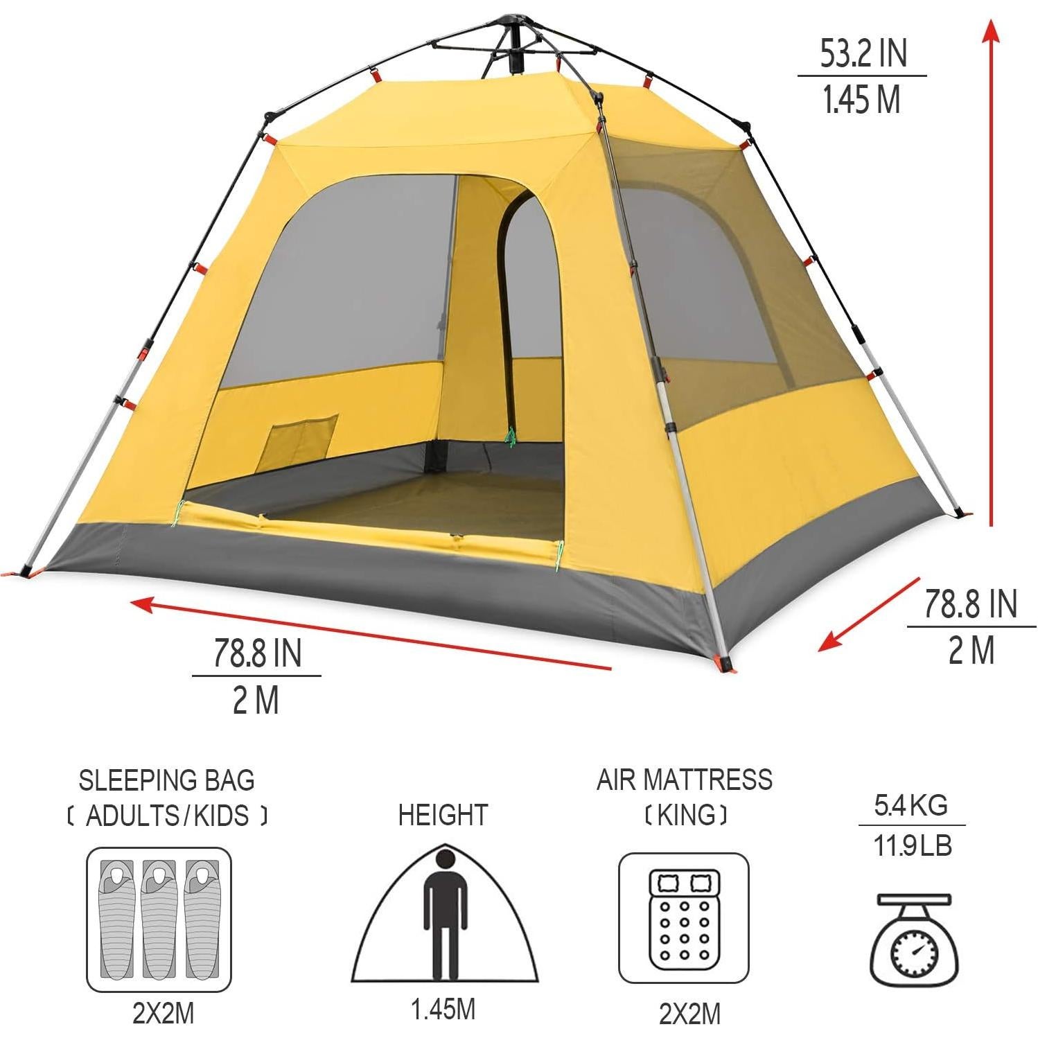 Tienda de Camping KAZOO Saturn 3 Personas Impermeable Amarillo