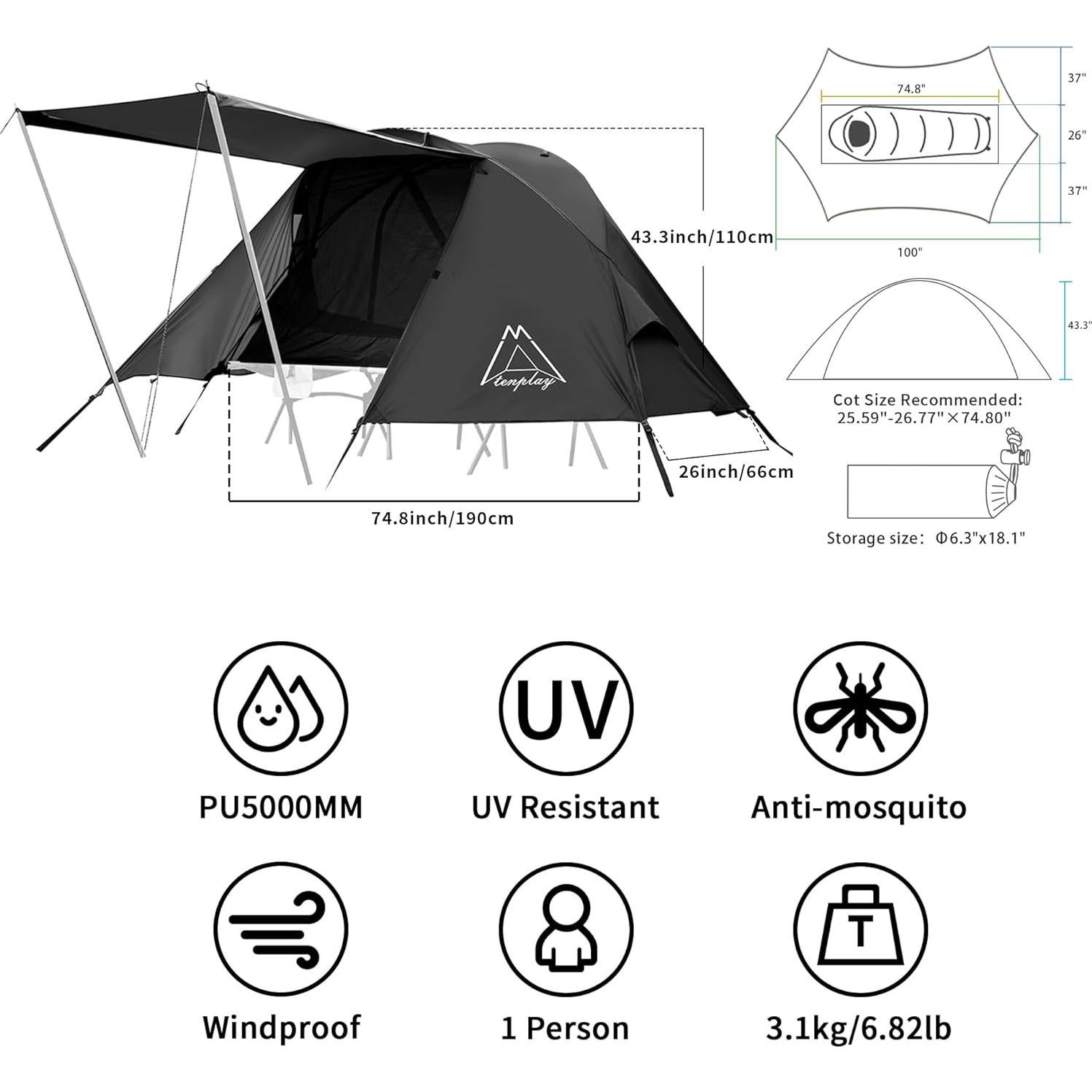 Tienda de Camping Tenplay Ultraligera 1 Persona Nylon 70D