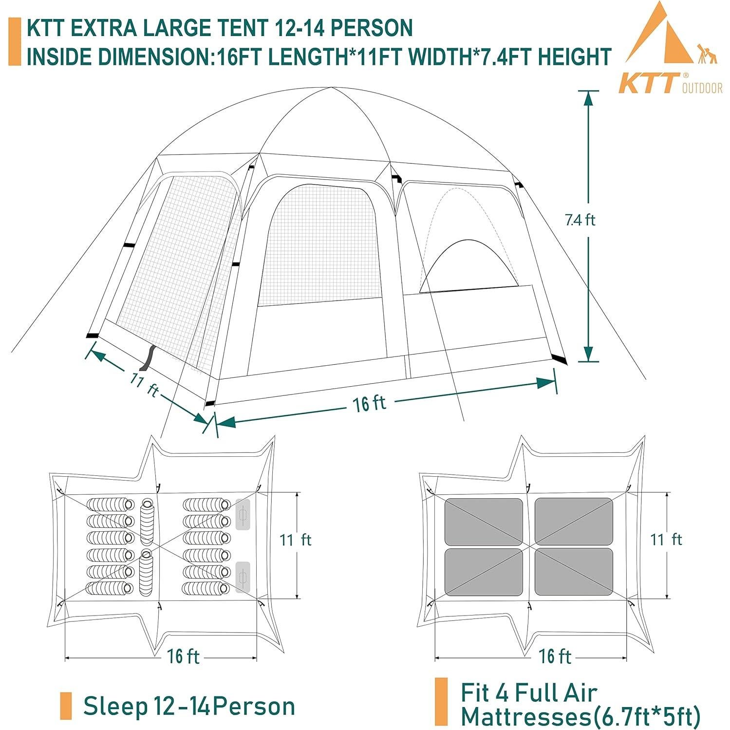Carpa KTT Extra Grande 14 Personas Impermeable 2 Habitaciones
