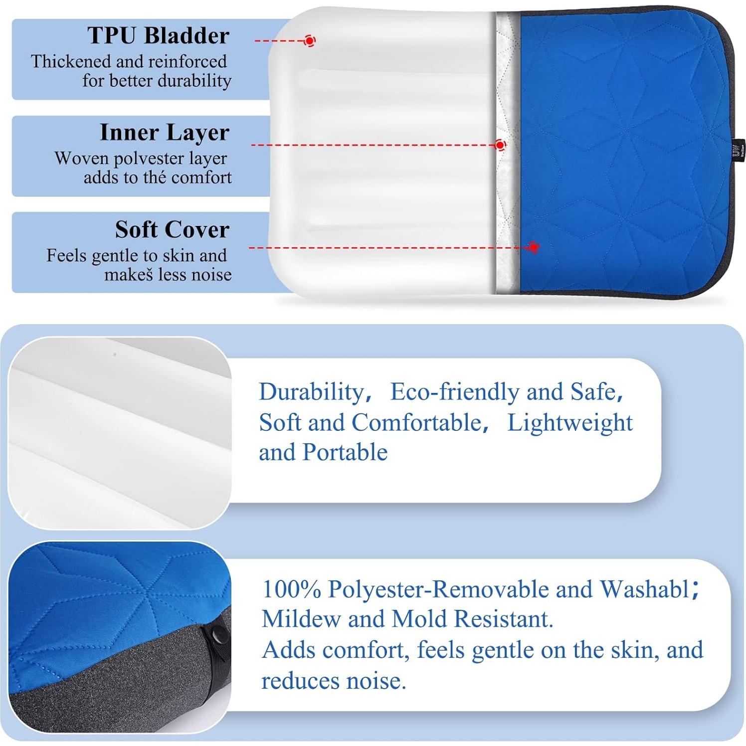 Almohada Inflable de Camping UWILLION Grande 61x38 cm Azul