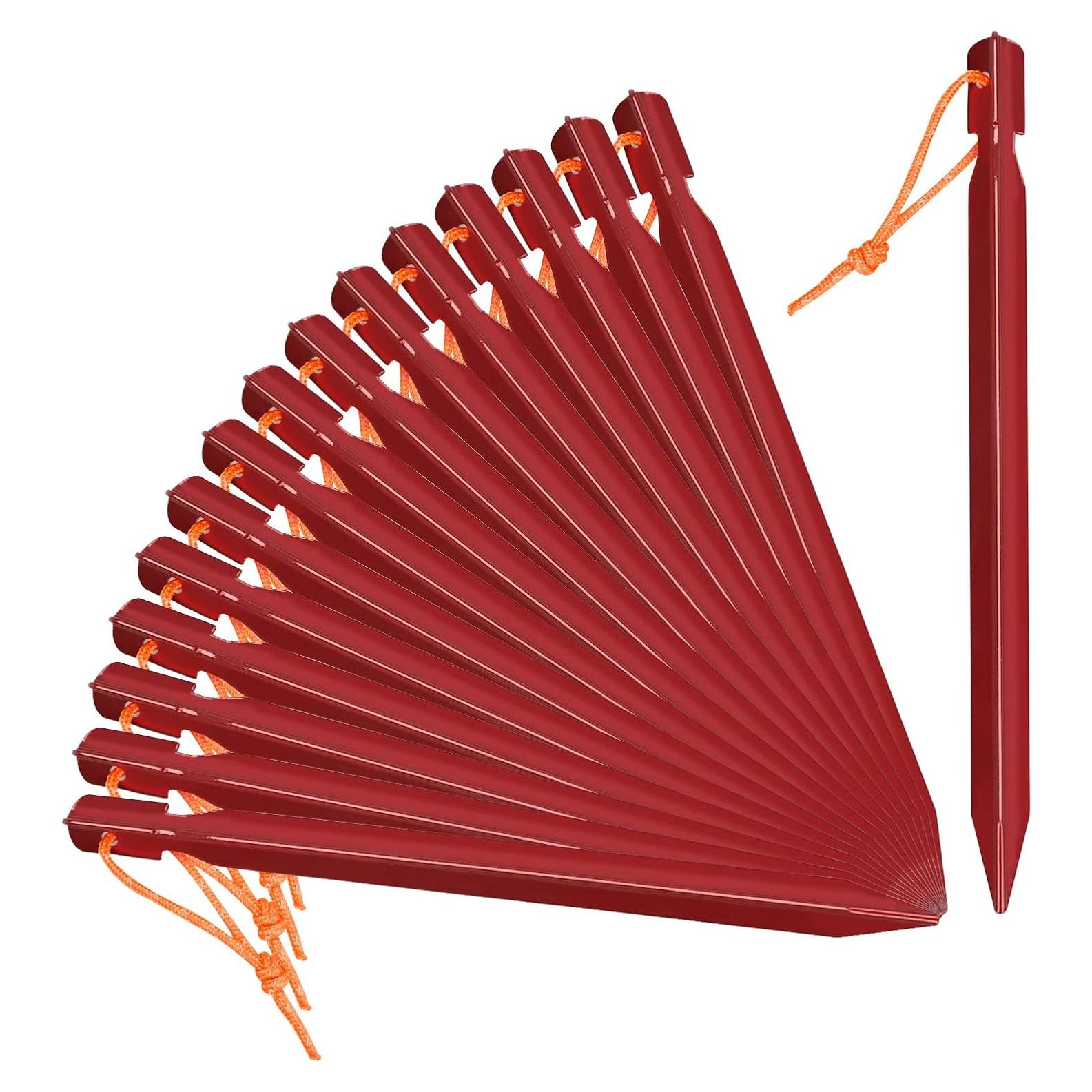 16 Pack Tent Stakes, 7075 Aluminium Tent pegs, Heavy Duty Lightweight Ground Pegs, Durable and Safe Metal Camping Spikes, Red
