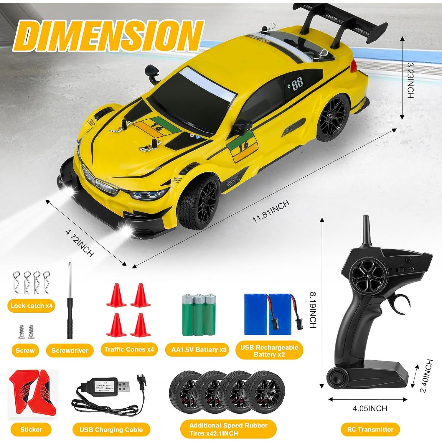 Coche RC Drift PANKQQ 1:16 40 km/h 2.4GHz Amarillo