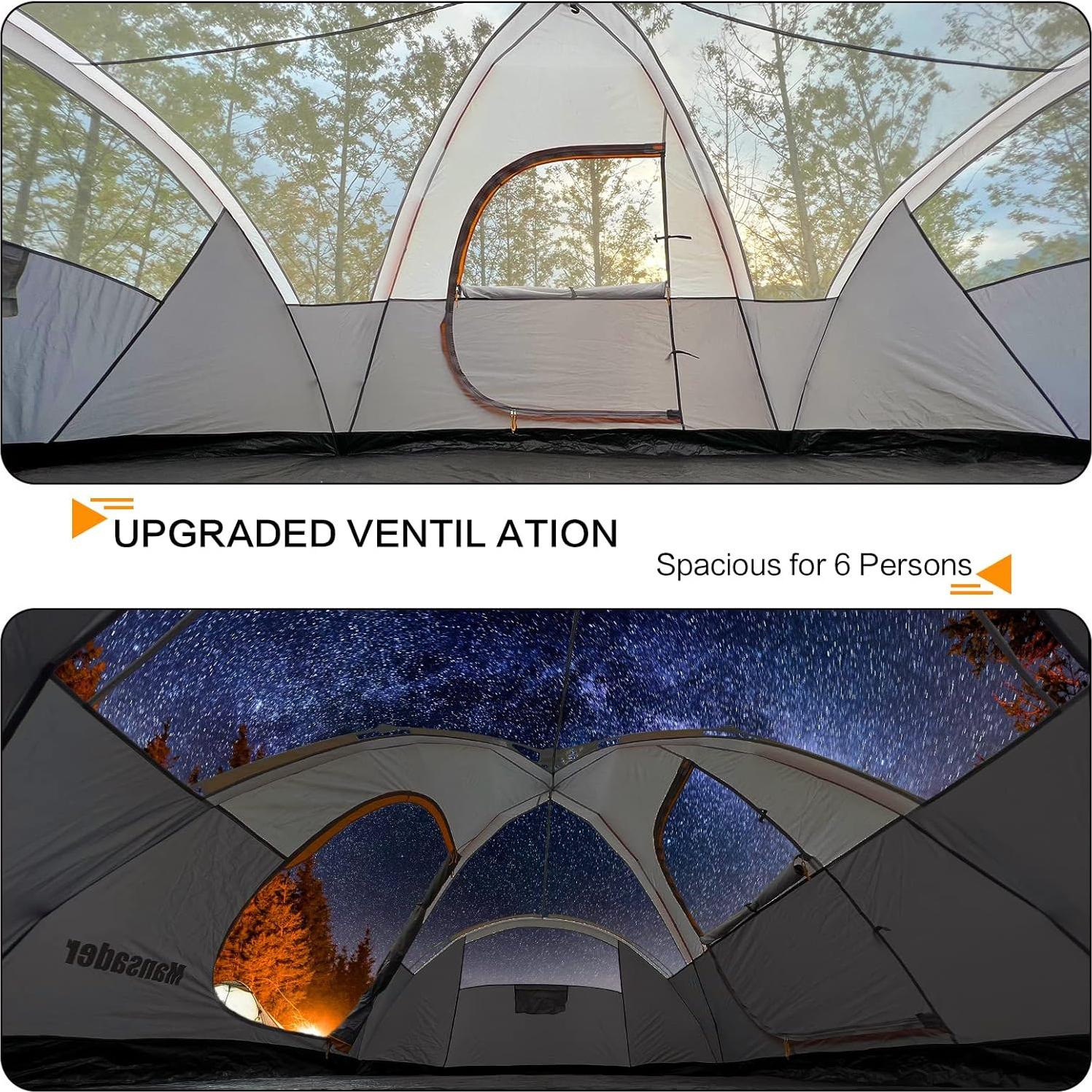 Carpa de Camping Mansader para 6 Personas Impermeable Gris