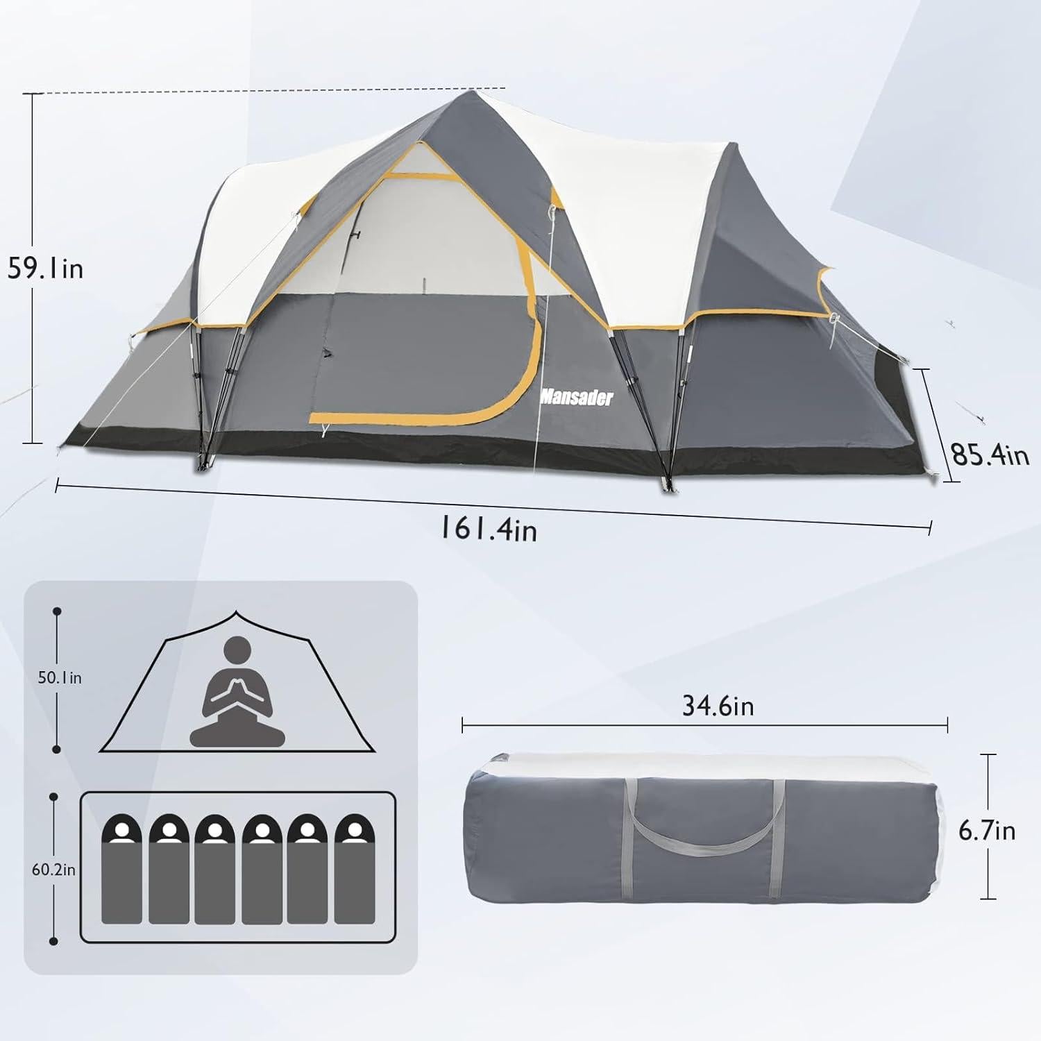 Carpa de Camping Mansader para 6 Personas Impermeable Gris