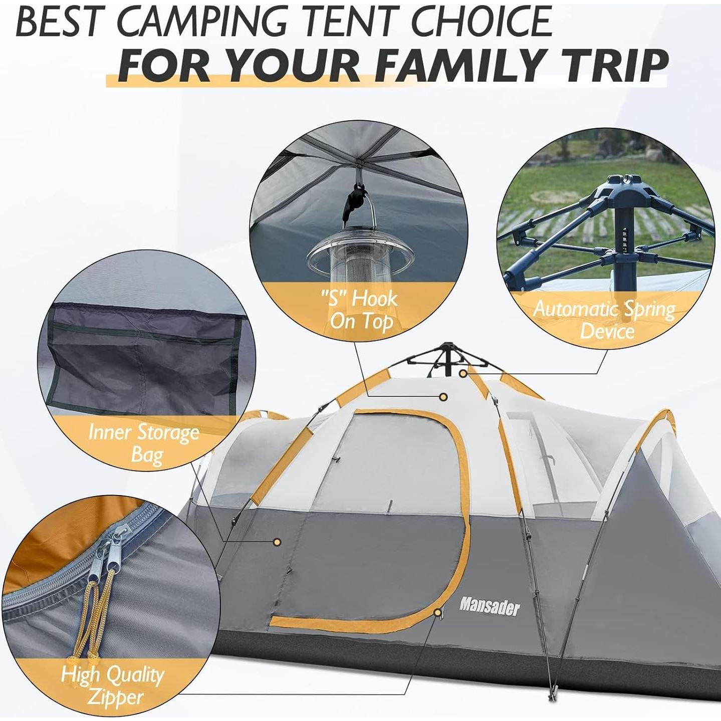 Carpa de Camping Mansader para 6 Personas Impermeable Gris