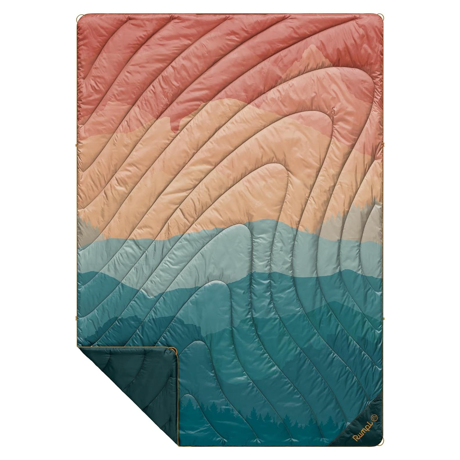 Rumpl Original Puffy Blanket - Warm Puffy Camping Blanket, 100% Recycled Polyester Insulation, Lightweight, Packable, Water-Resistant, Outdoor Puffer Blanket, 52"x75", V2, Rocky Mountain Sunset Fade