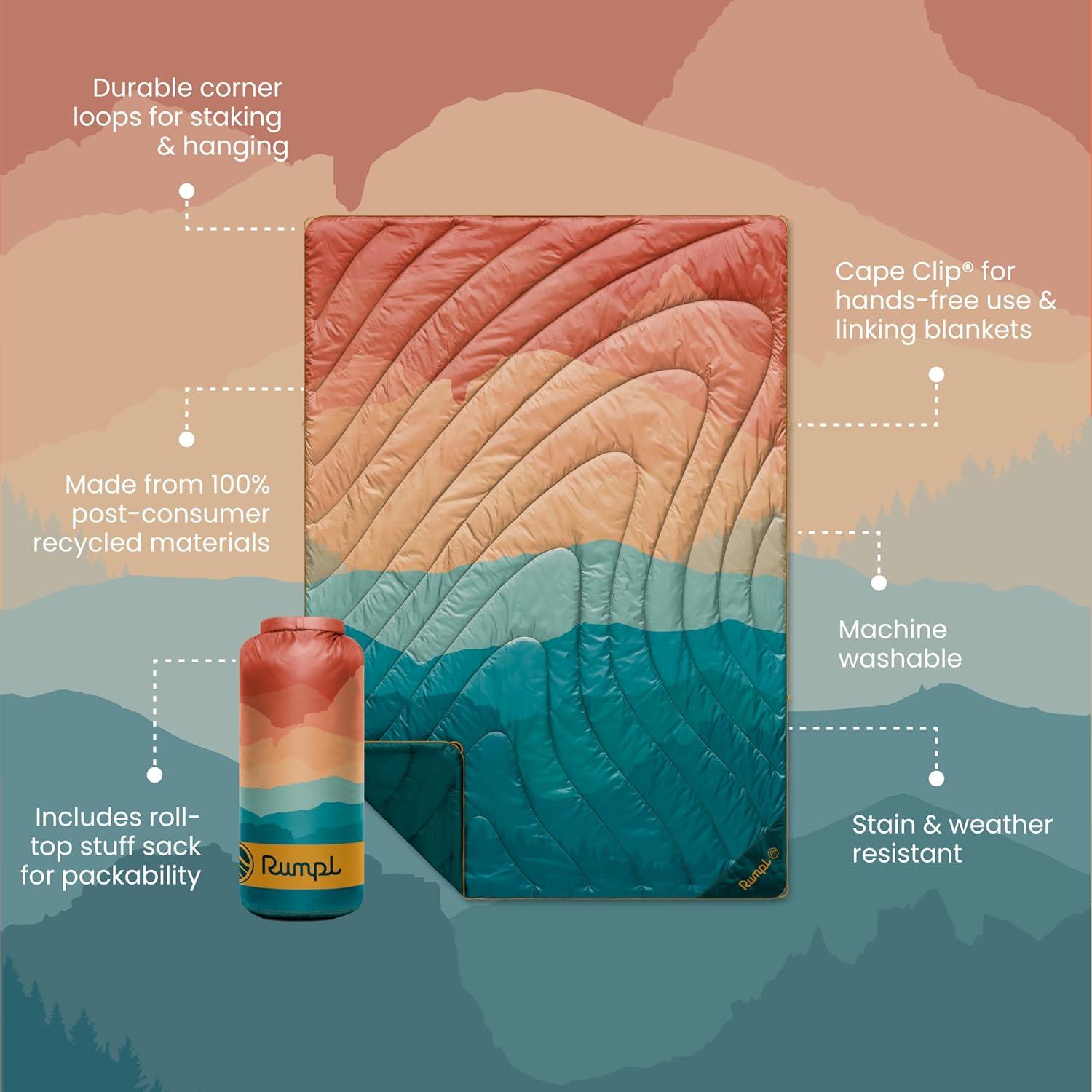 Rumpl Original Puffy Blanket - Warm Puffy Camping Blanket, 100% Recycled Polyester Insulation, Lightweight, Packable, Water-Resistant, Outdoor Puffer Blanket, 52"x75", V2, Rocky Mountain Sunset Fade