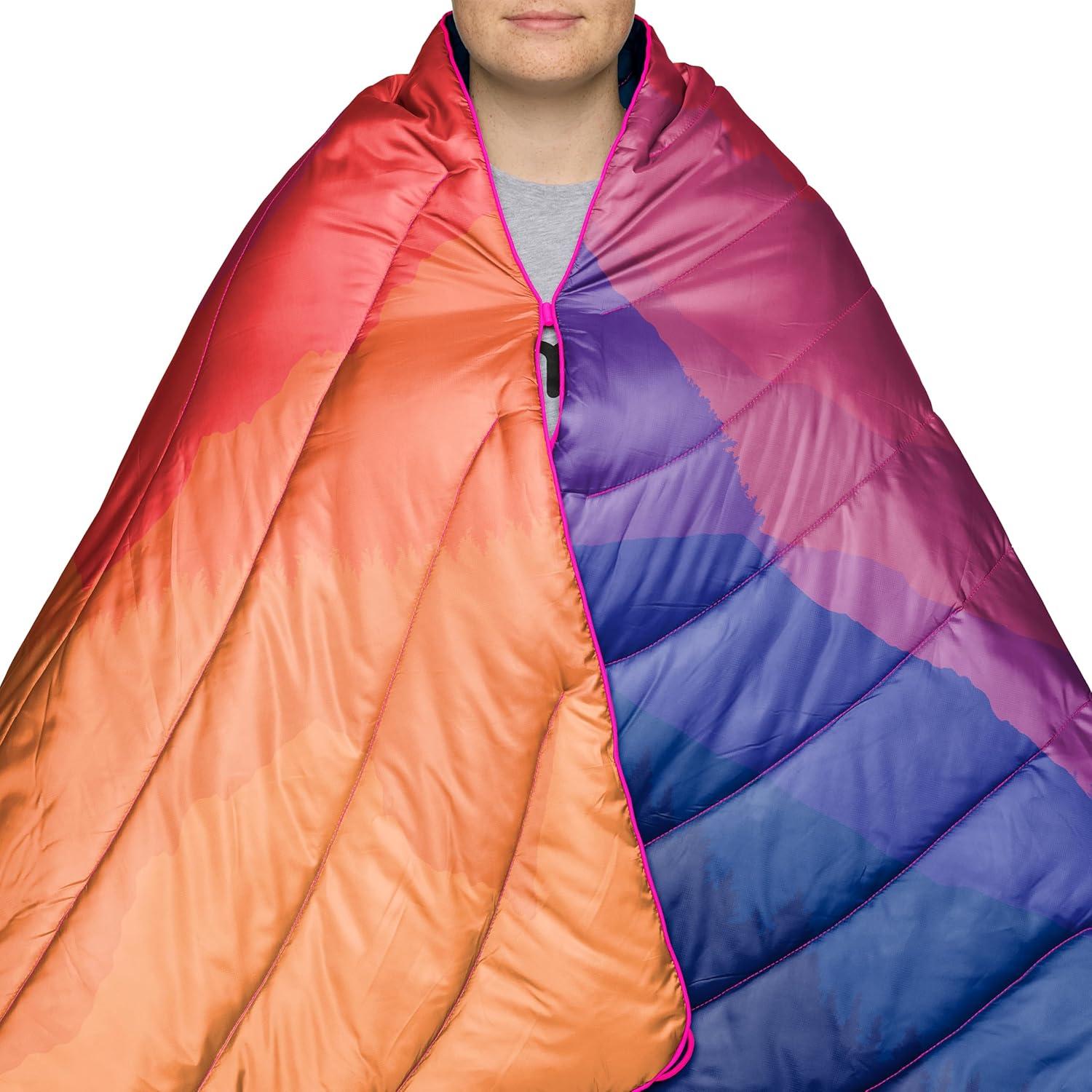 Rumpl Original Puffy Blanket - Warm Puffy Camping Blanket, 100% Recycled Polyester Insulation, Lightweight, Packable, Water-Resistant, Outdoor Puffer Blanket, 52"x75", V2, Rocky Mountain Sunset Fade