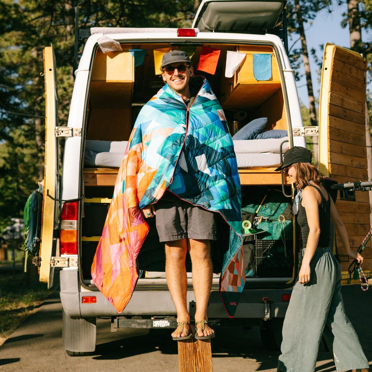 Rumpl Original Puffy Blanket - Warm Puffy Camping Blanket, 100% Recycled Polyester Insulation, Lightweight, Packable, Water-Resistant, Outdoor Puffer Blanket, 52"x75", V2, Rocky Mountain Sunset Fade