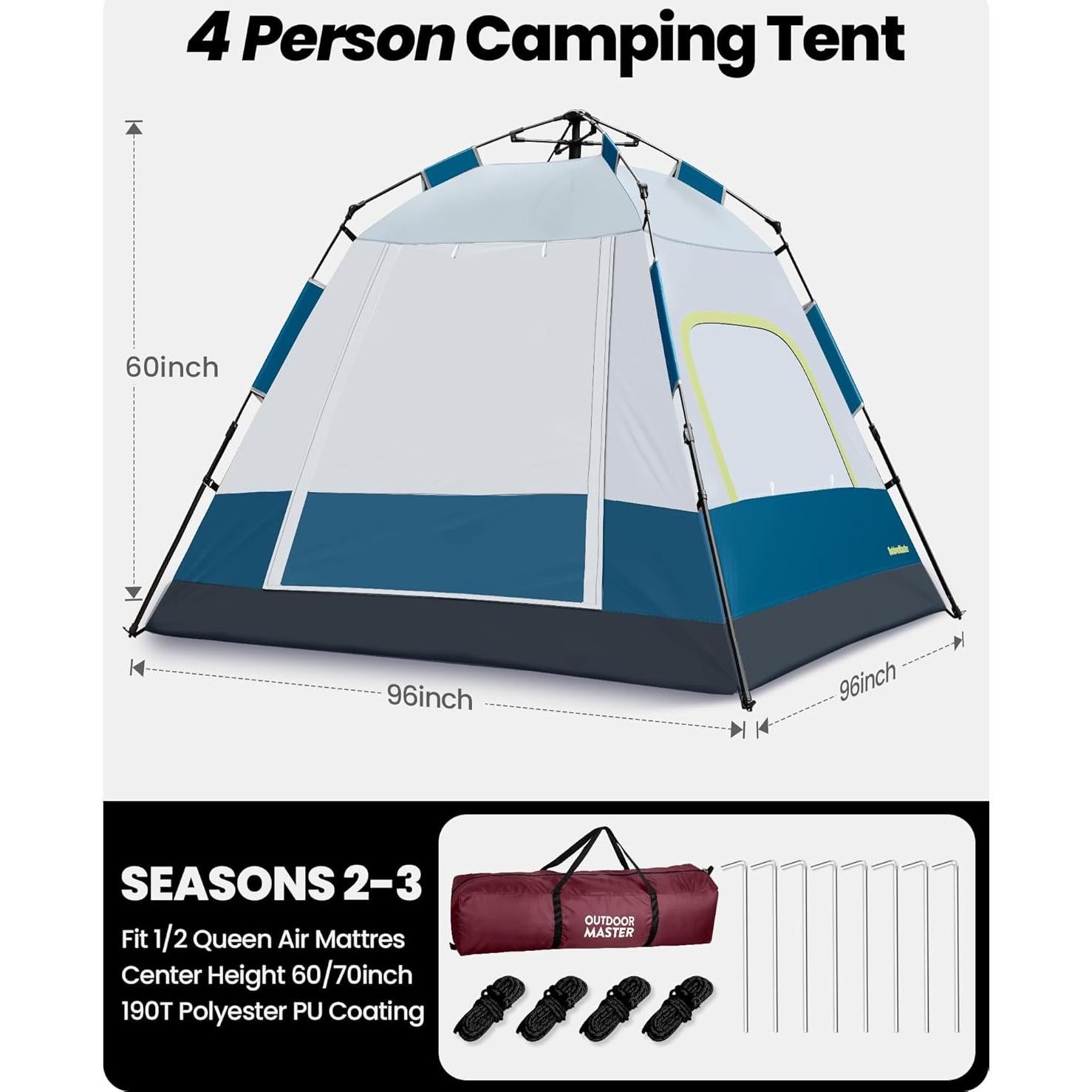 Carpa Camping OutdoorMaster 4 Personas Refugio Oscuro Azul