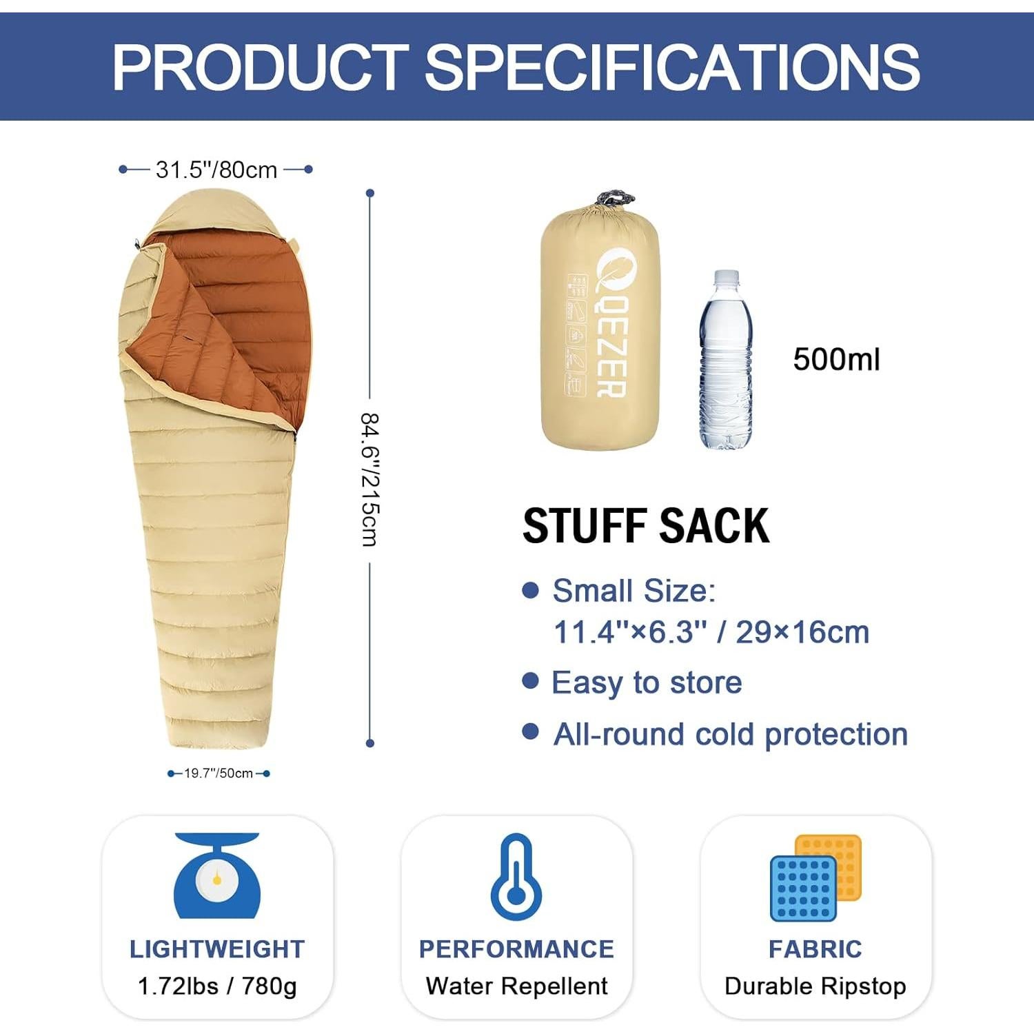 Saco de dormir momia QEZER 600FP 215.9x81.3cm 0.73kg