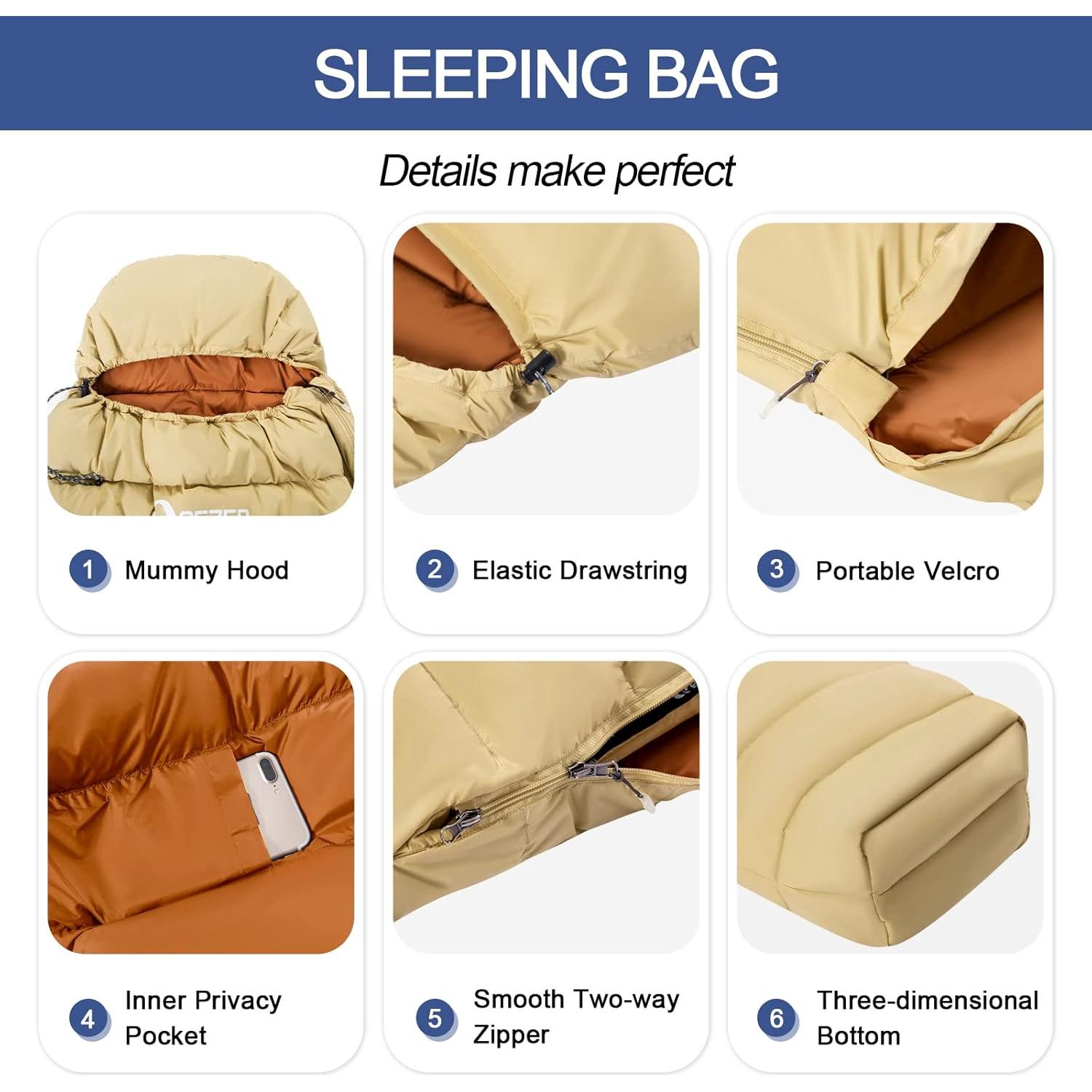 Saco de dormir momia QEZER 600FP 215.9x81.3cm 0.73kg