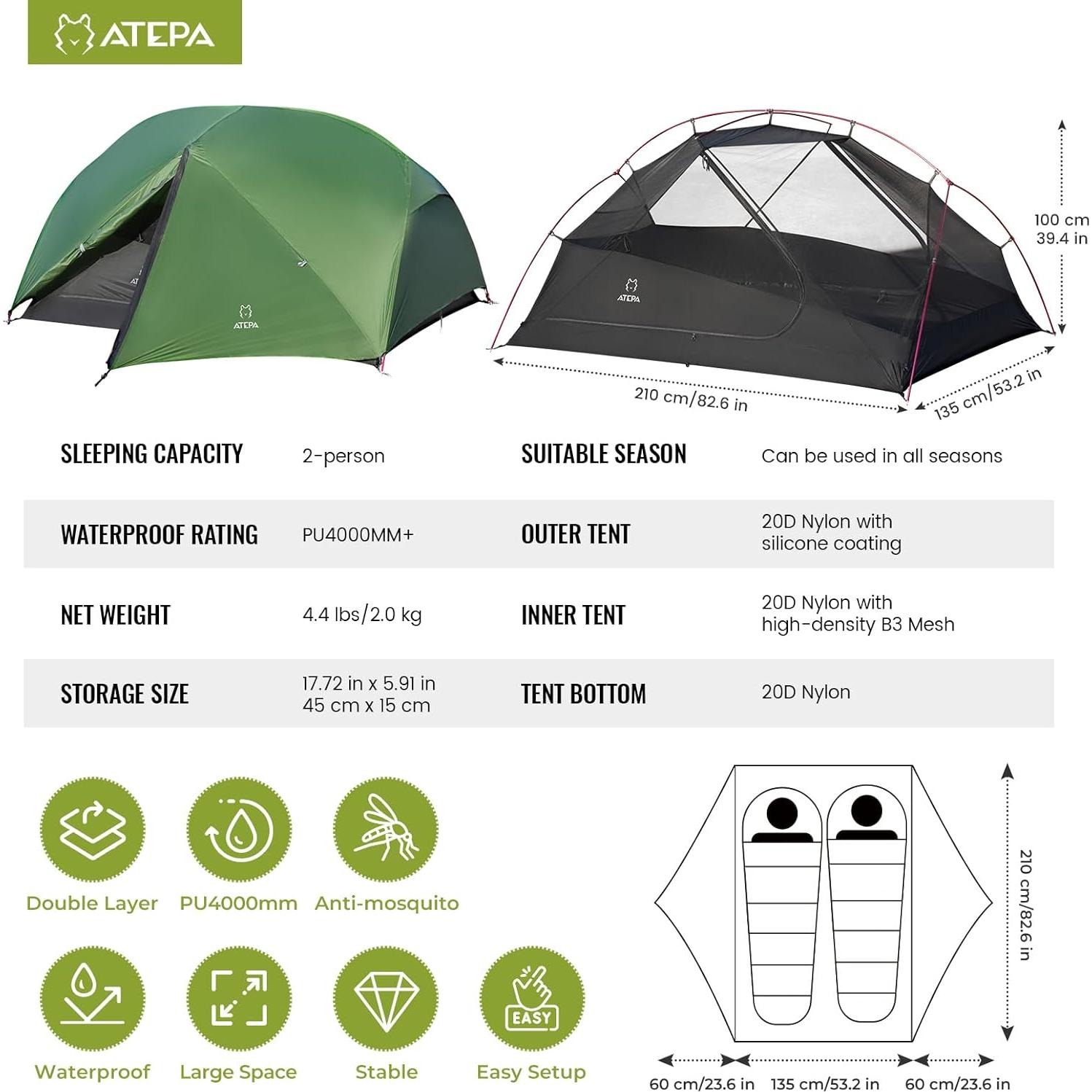 Tienda de Camping ATEPA Ultraligera 2 Personas Impermeable