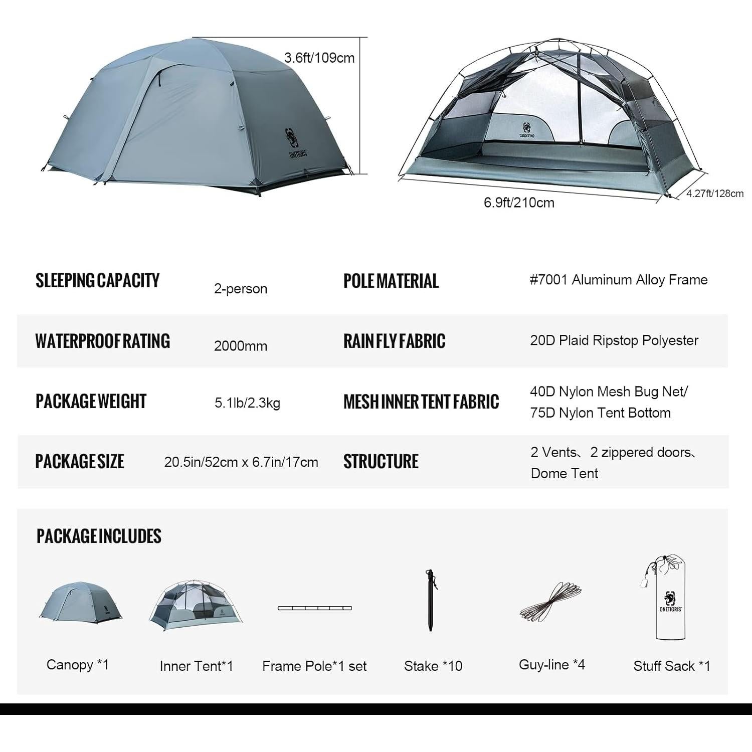 Tienda de Camping OneTigris COSMITTO 2 Personas Impermeable