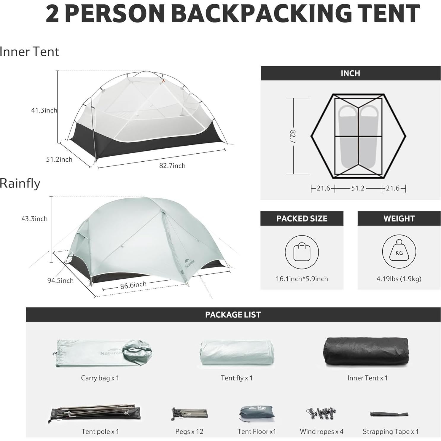 Tienda de Camping Naturehike Mongar UL 2 Personas Gris Nylon 15D