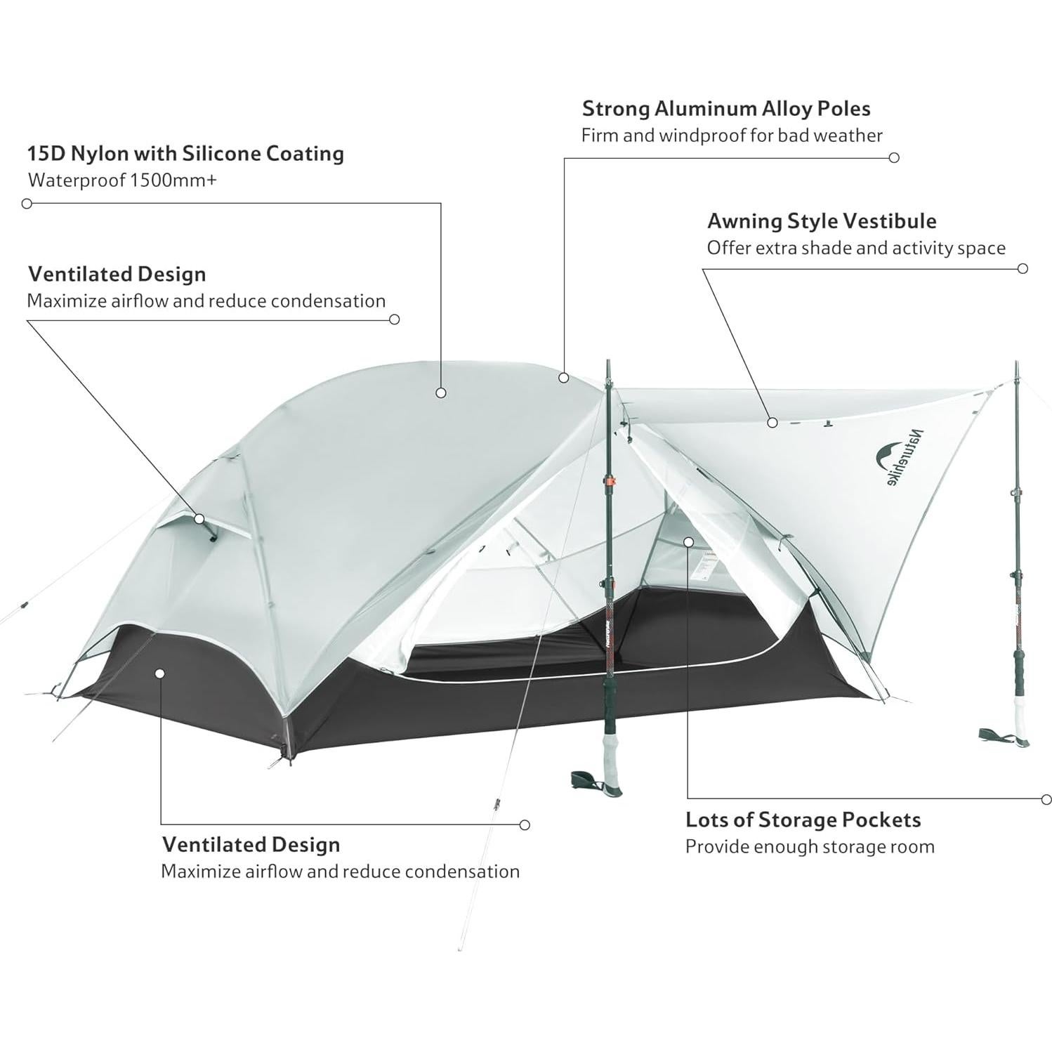 Tienda de Camping Naturehike Mongar UL 2 Personas Gris Nylon 15D