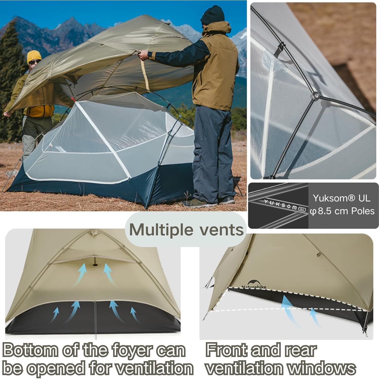 Naturehike Mongar UL Tent [2025 Upgrade] 1.5kg/3.3lb Ultralight Tents,1/2 Person Backpacking Tent,4 modes of use, Waterproof,Hiking tents for Camping with Front Porch,Easy Set up