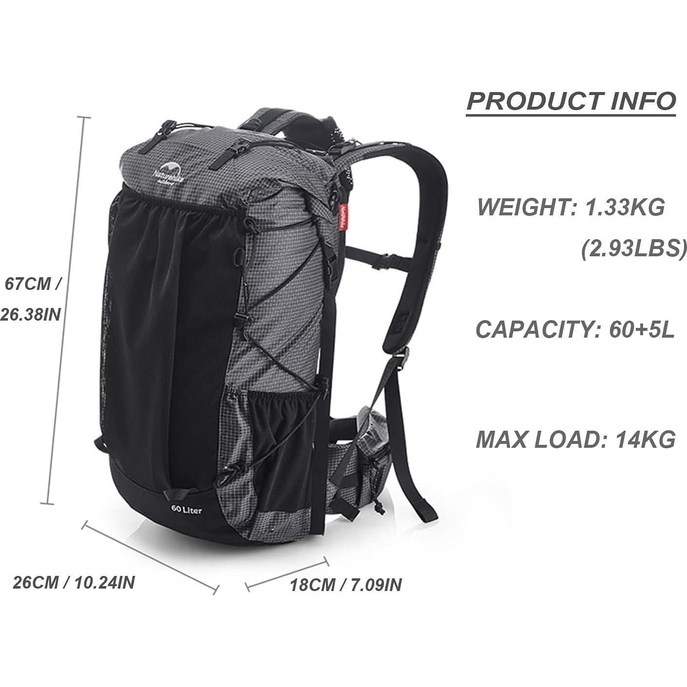 Hiking Camping Backpack 45L/65L Lightweight Internal Frame with Rain Cover for Backpacking Outdoor Sports ((60+5) L Black, (60+5) L)