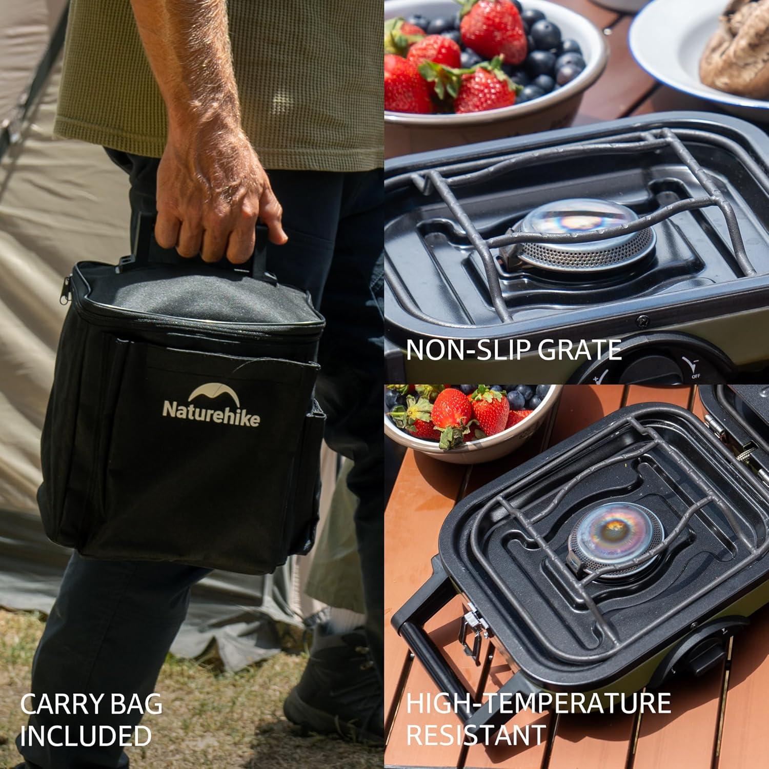 Naturehike 2 Burner Folding Camping Stove, Portable Propane Gas Stove with Carry Bag, 16000 BTU High-Performance Camp Stove with ETL Certification, Adjustable Burners & Piezo Ignition