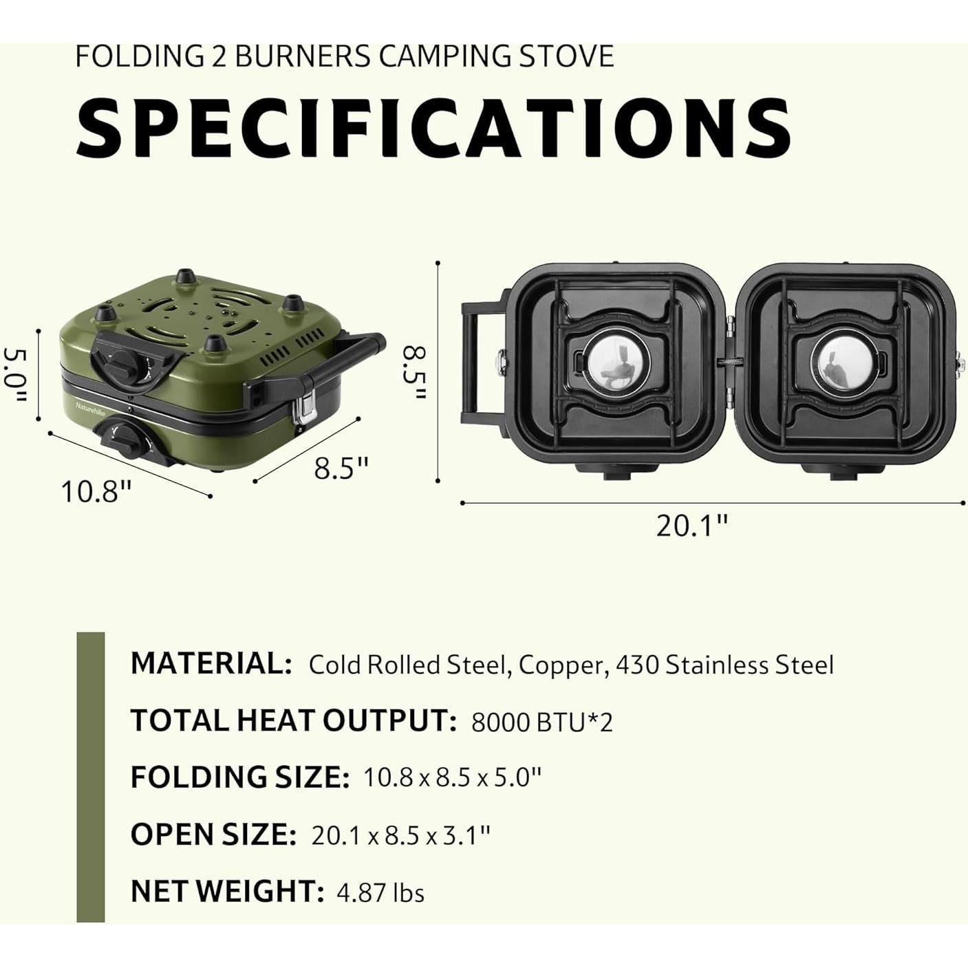 Naturehike 2 Burner Folding Camping Stove, Portable Propane Gas Stove with Carry Bag, 16000 BTU High-Performance Camp Stove with ETL Certification, Adjustable Burners & Piezo Ignition